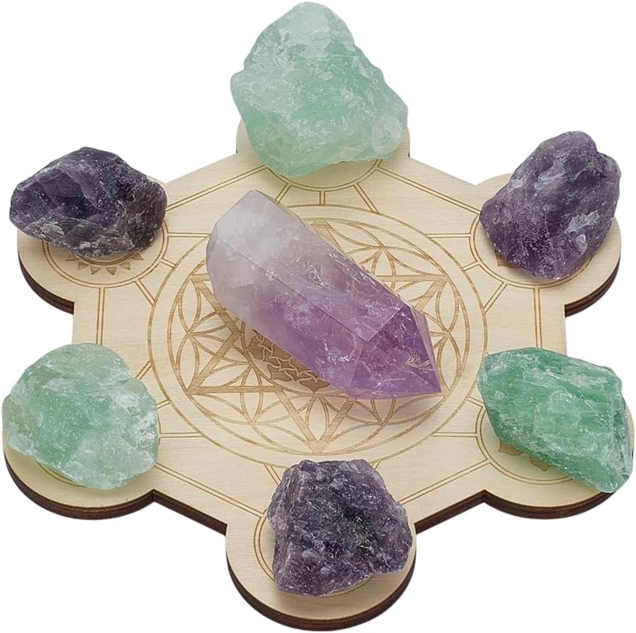FINGERINSPIRE Hexagon Wooden Crystal Grid Board with Chakra Design 5.3x5.8x0.2inch PapayaWhip Color Wood Plate for Crystal Energy Healing Meditation Decoration Yoga Space Decoration Accessories