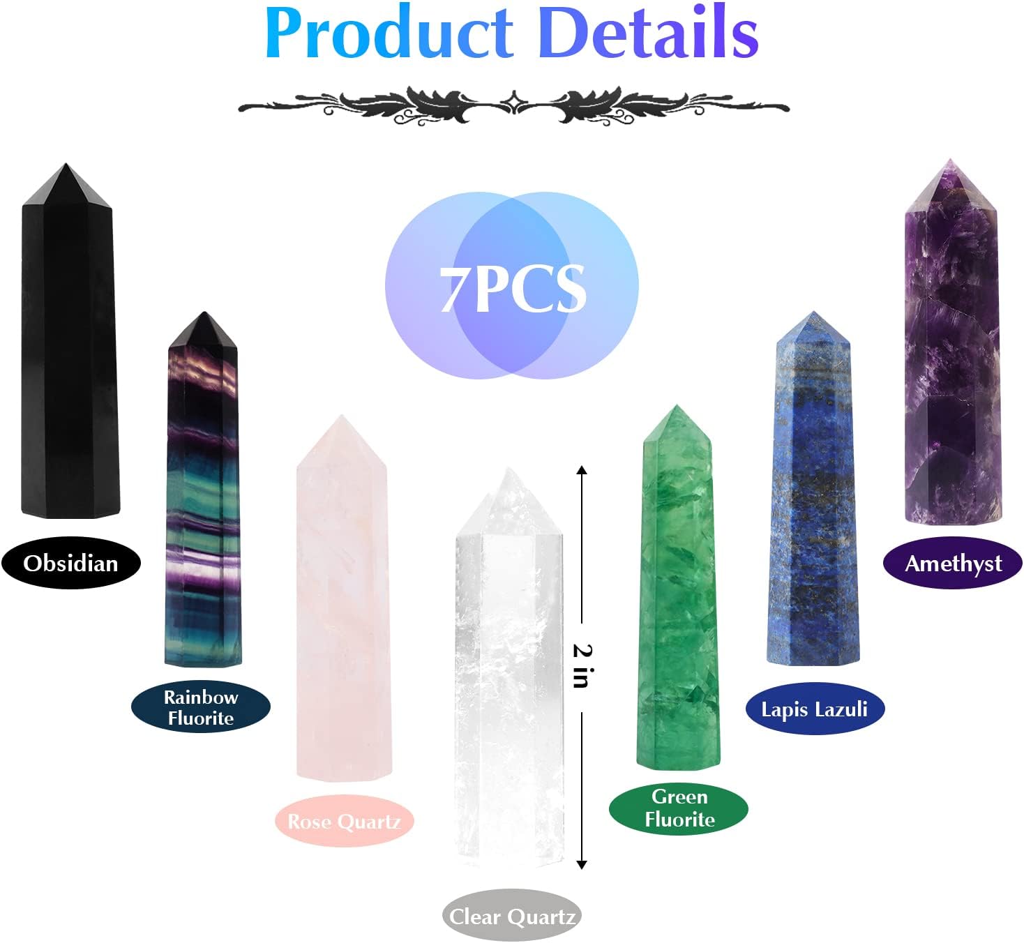 Luckeeper 7 PCS Healing Crystal Wands | 2" Amethyst, Rose Quartz,Clear Quartz,Black Obsidian,Green Fluorite, Lapis Lazuli,Rainbow Fluorite| 6 Faceted Reiki Chakra Meditation Therapy - Image 9