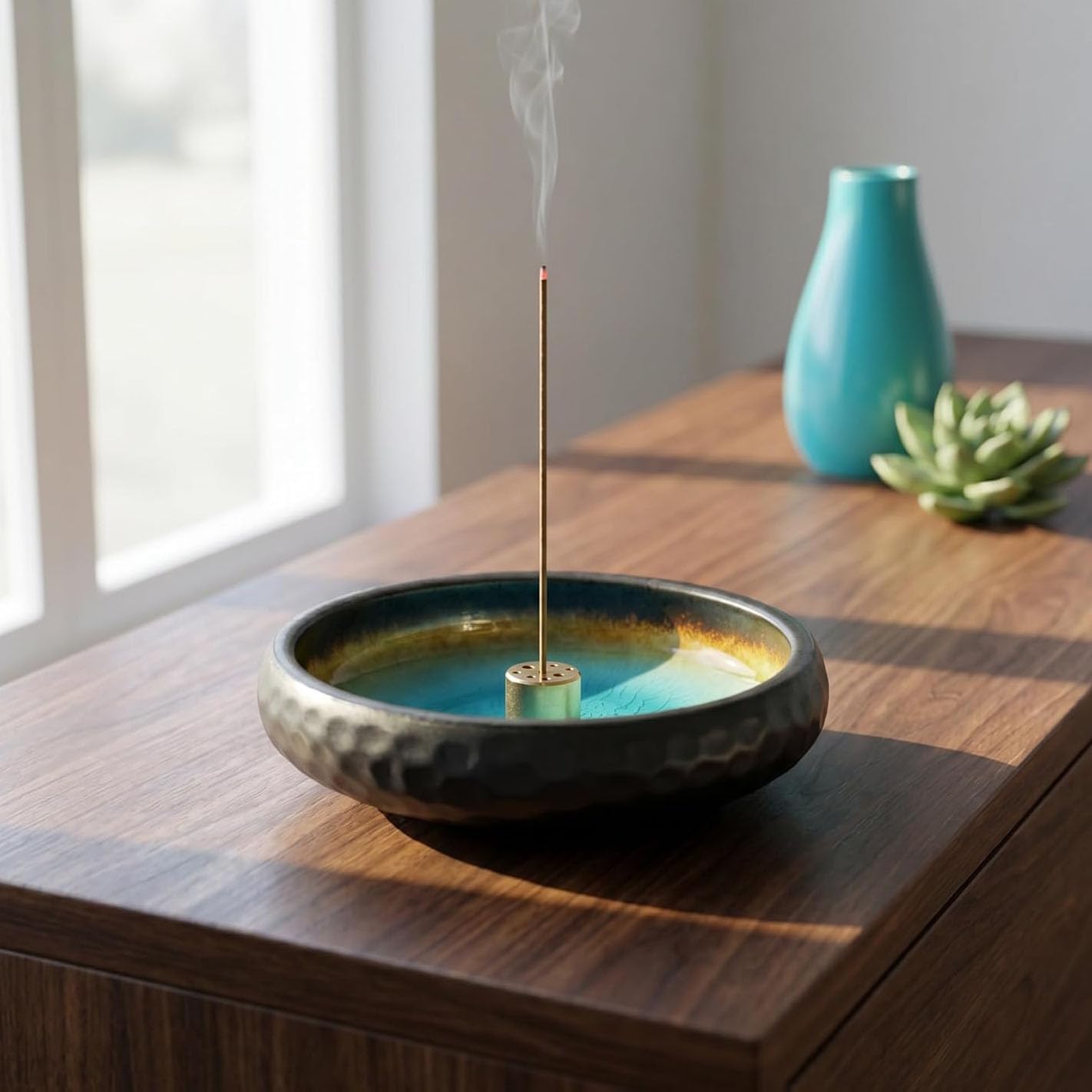 6 Inch Incense Holder with Ash Catcher,Handmade Crack Blue Glaze Ceramic Incense Burner Bowl with 9-Hole Design for Sticks,Cones,Coils Sage,Palo Santo - Perfect for Meditation,Yoga & Zen Home Décor - Image 6