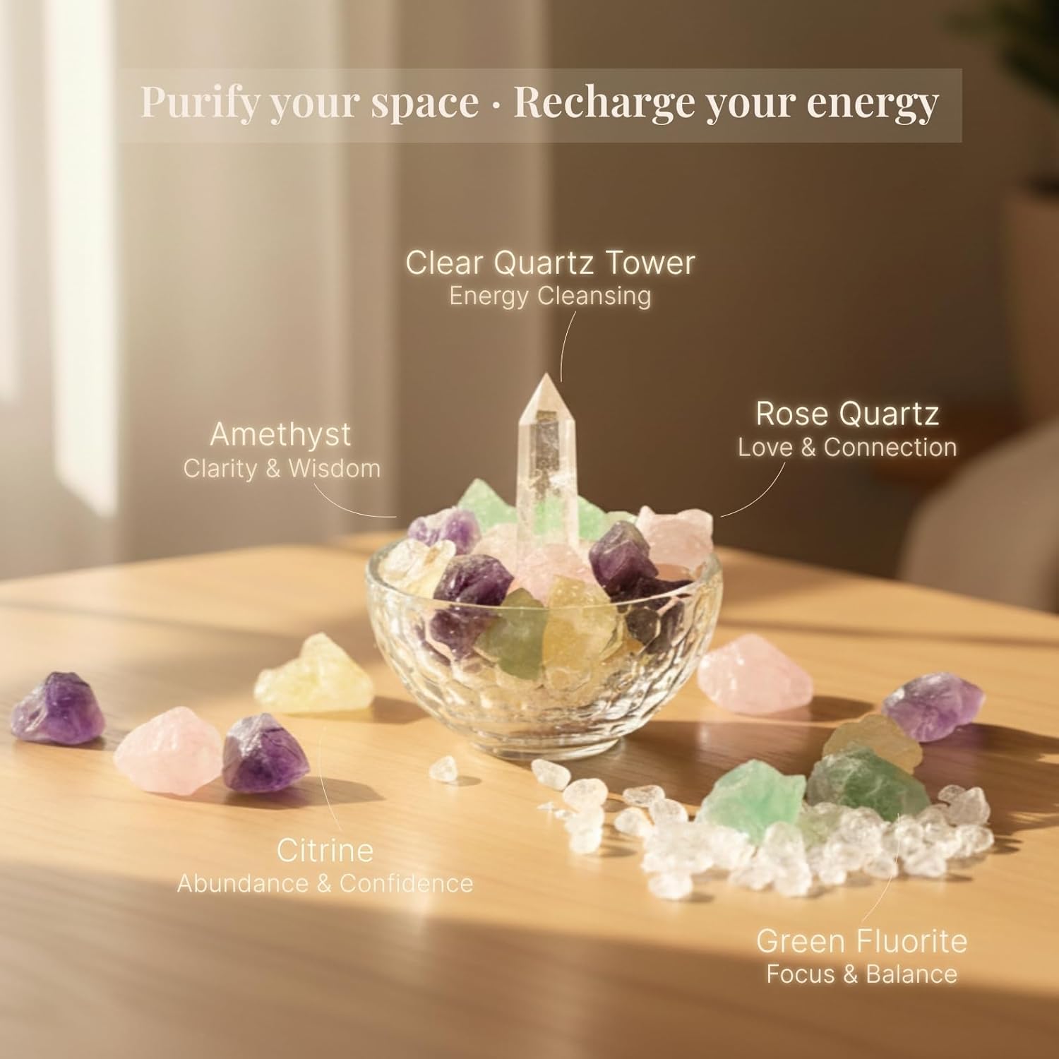 Crystal Decor Bowl Set – 4" Glass Cleansing Bowl with Real Healing Crystals: Clear Quartz Tower, Amethyst, Rose Quartz, Citrine & Fluorite – Meditation Decor & Spiritual Gift Box - Image 3