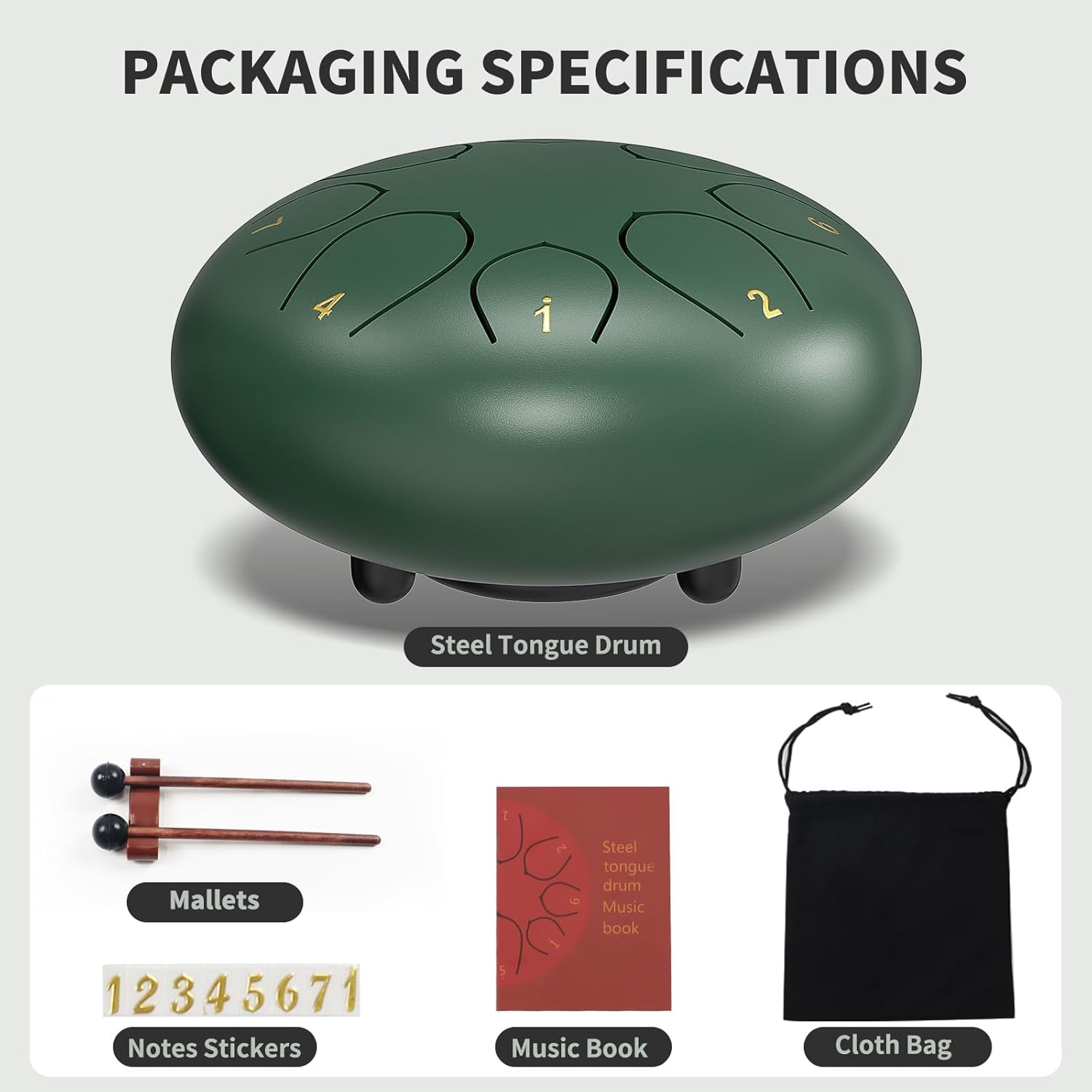 Rain Drum for Outside Garden, 6 Inches 8 Notes Steel Tongue Chakra Drums, Waterproof Meditation Rain Chime, Musical Instruments for Adult Gift with Bag, Music Book, Drum Mallets (Green) - Image 3