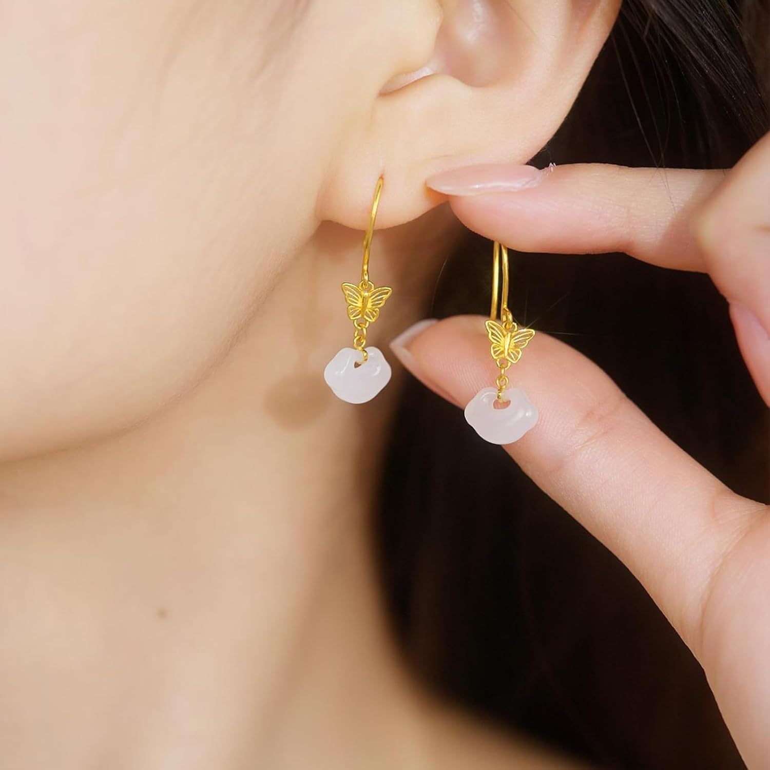 ZHOU LIU FU White Jade Dangle Earrings 24K Gold Hollow Butterfly Ruyi Jade Drop Earring Healing Gemstone Natural Dainty Jewelry for Women Her Mom Daughter Anniversary Birthday Present Y0914874 - Image 3