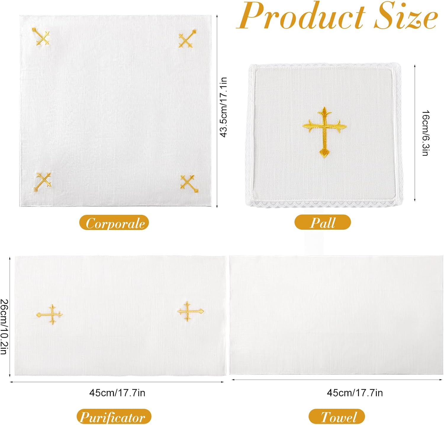 TALPGOD 4 Pcs Altar Supplies Linen Corporal for Churches Set(Pall,Corporal,Purificator,Towel),White Linen Altar Cloth Gold Cross Embroidery,Mass Kit Catholic for Priest - Image 2