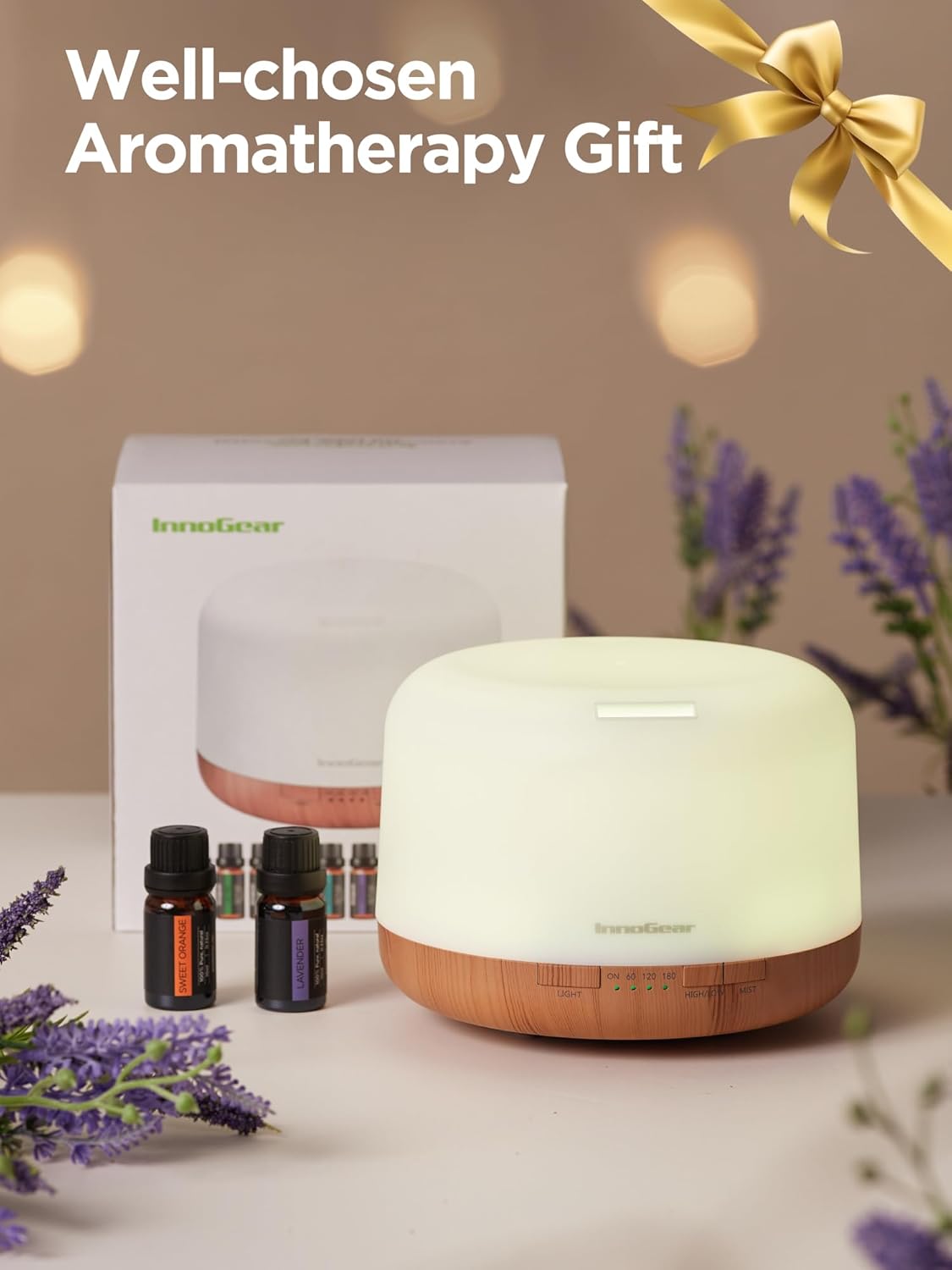 InnoGear Aromatherapy Diffuser & 10 Essential Oils Set, 500ml Essential Oil Diffuser with Remote Control Mother's Gift Ultrasonic Cool Mist Scent Humidifier Vaporizer Auto-Off Timer for Home, Yellow - Image 2