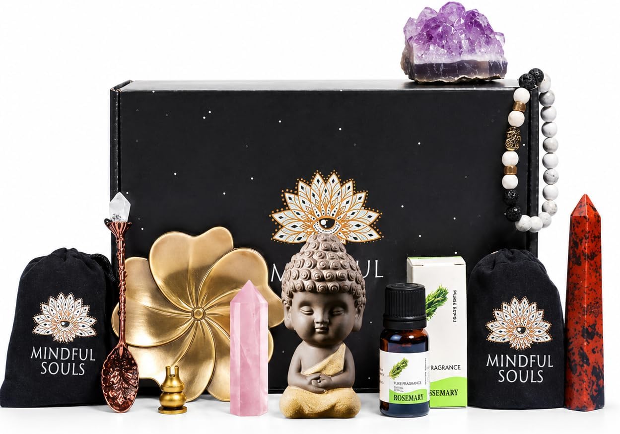 Mindful Souls Spiritual Healing Gift Set – Meditation & Mindfulness Box with Buddha Figurine, Healing Crystals, Mala Beads, Essential Oil & Gemstone Jewelry – Holistic Self-Care & Inner Peace Kit