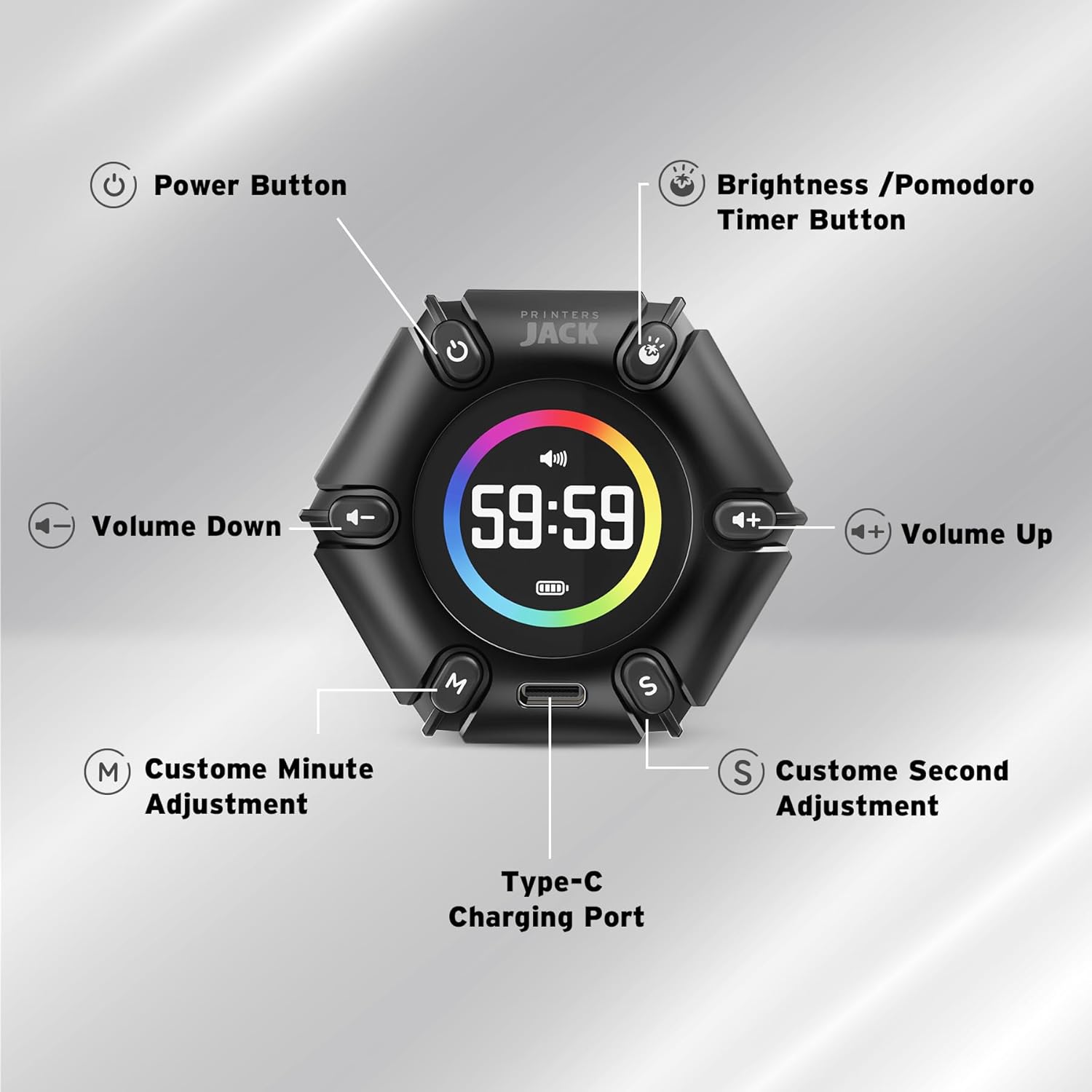 Jack Pomodoro Timer - Productivity Cube, Visual Focus Timer, Mute & Vibration & Adjustable Sound Alert, for Office, ADHD, Study, Work, 3/5/10/25/30/60min & Custom Countdown - Black - Image 2