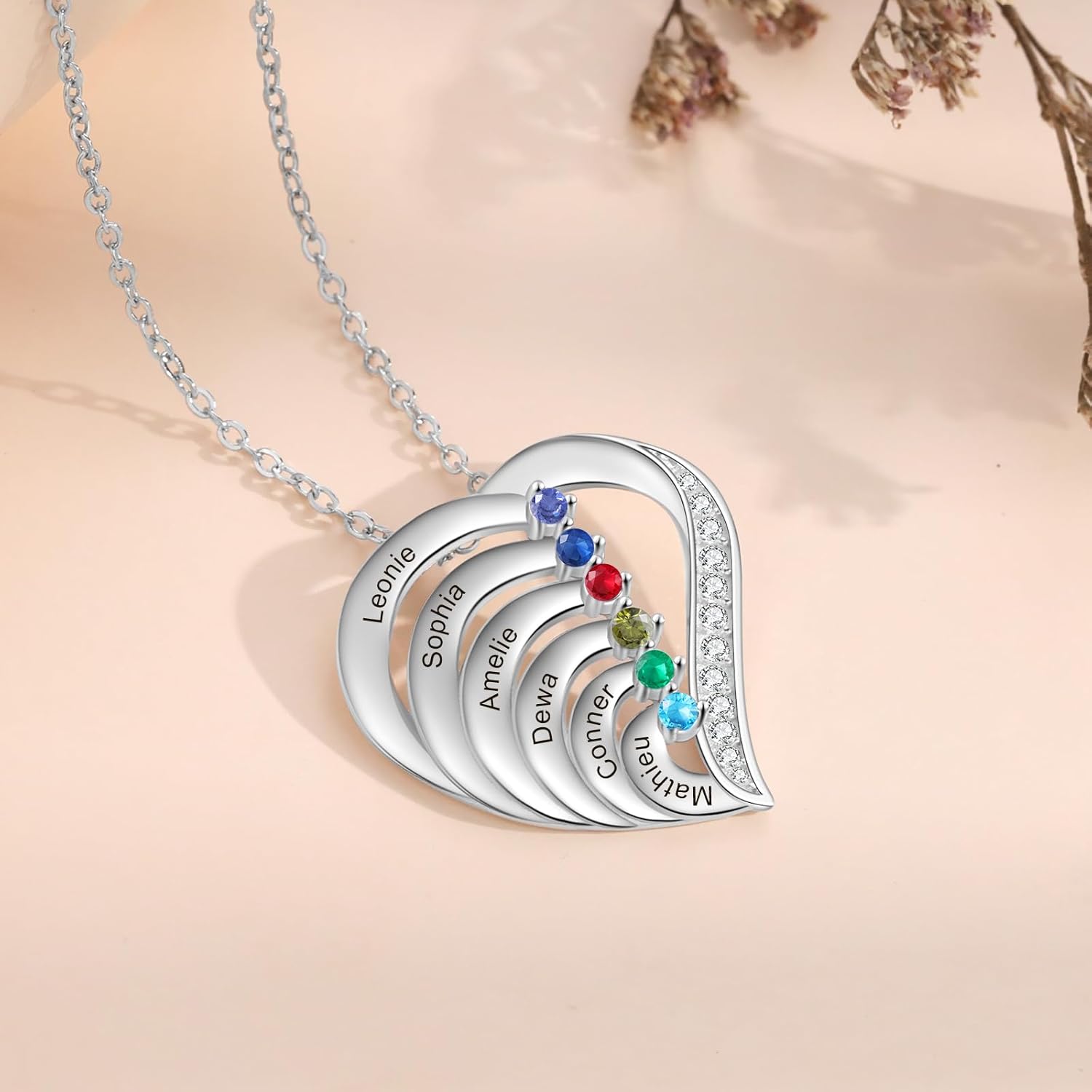925 Sterling Silver Mother's Day Jewelry Gifts for Mom Mama Grandma — Custom Necklace with Up to 6 Birthstones & Engraved Names, Personalized Family Pendant Birthday Gifts - Image 5