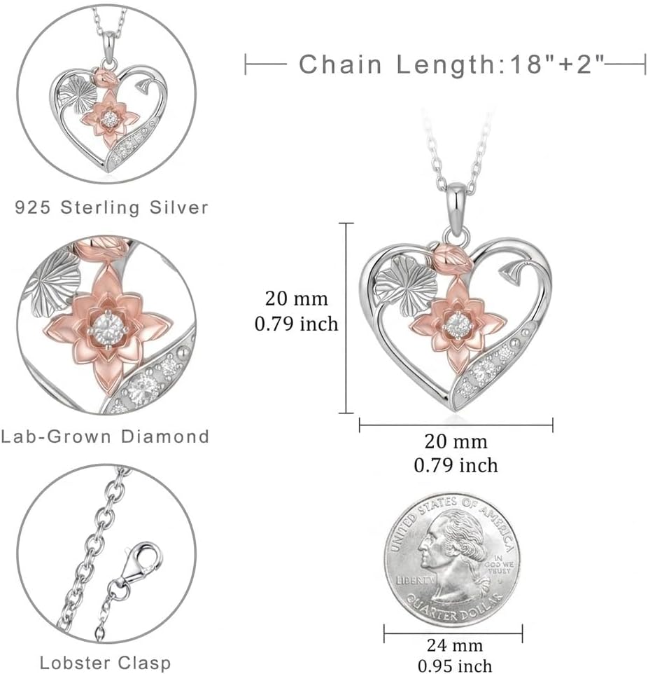 Lab Grown Diamond Lotus Necklace for Women, 925 Sterling Silver Diamonds Heart Pendant Birth Flower Necklaces Lotus Flower Jewelry Gifts for Women - Image 4