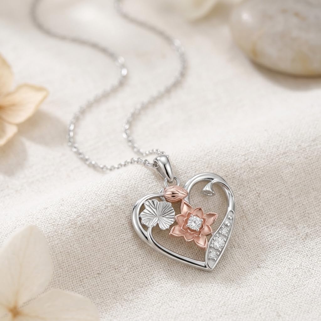 Lab Grown Diamond Lotus Necklace for Women, 925 Sterling Silver Diamonds Heart Pendant Birth Flower Necklaces Lotus Flower Jewelry Gifts for Women - Image 2