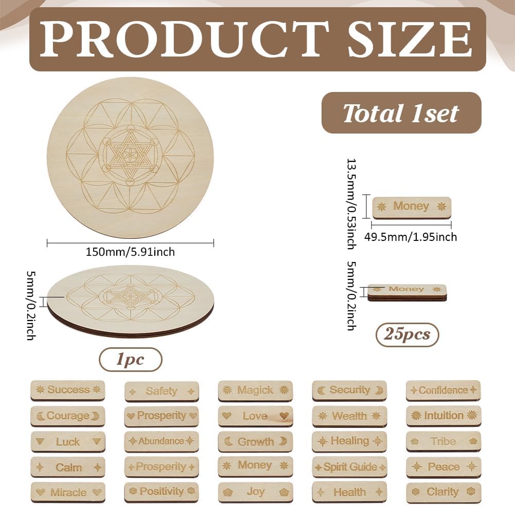 FINGERINSPIRE Wooden Crystal Grid Board Set Large Round Plate with Sacred Geometry 25 Small Sticks Engraved with Inspirational Words Spiritual Wooden Plates for Energy Work Meditation Home Decoration - Image 2