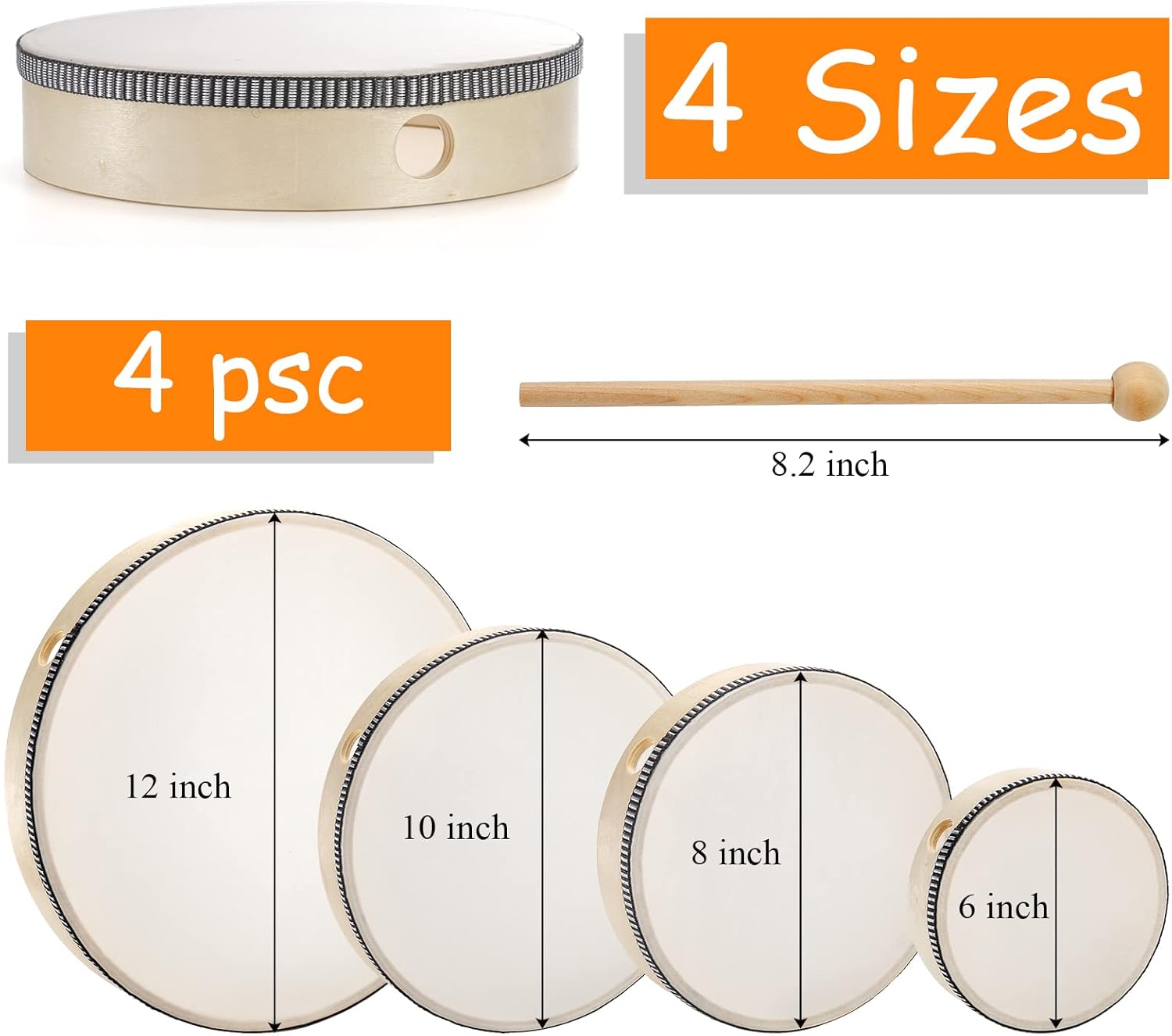 Foraineam 4 Pack Hand Drum 12 Inch 10 Inch 8 Inch 6 Inch Wood Drum Set Musical Percussion Instrument Wooden Frame Drum with Wooden Drum Sticks for Home Party Supplies - Image 2
