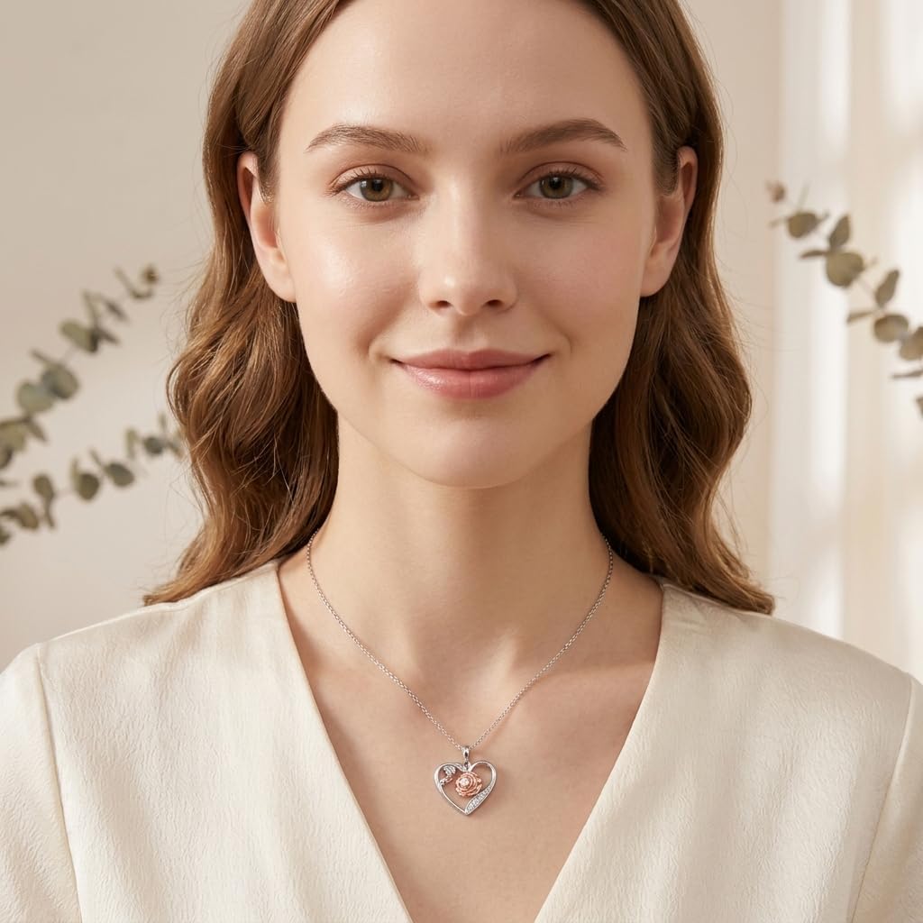 Lab Grown Diamond Rose Necklace for Women, 925 Sterling Silver Diamonds Heart Pendant Birth Flower Necklaces Rose Flower Jewelry Gifts for Women - Image 5