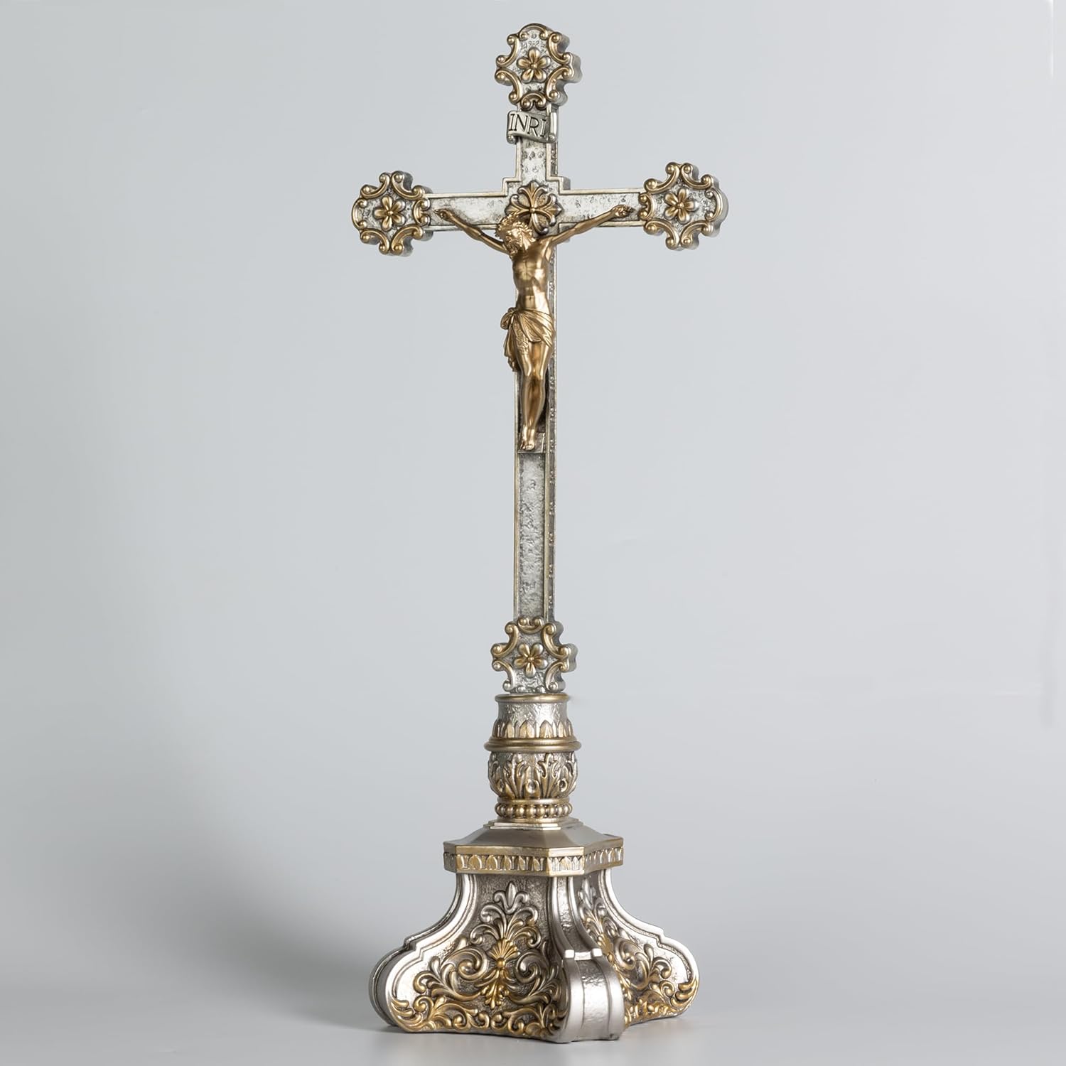 Grace4Joy Crucifix Stand, 18 Inches Standing Crucifix Catholic Table Altar Decor, Hand Painted Jesus Cross with Ornate Base Antique Home Deocr - Image 3