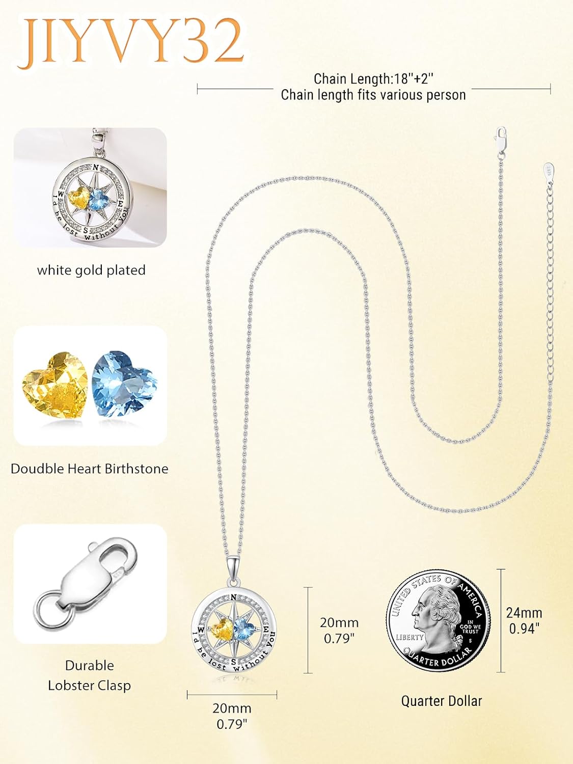 Compass Birthstones Necklace for Women, Exquisite S925 Necklace Anniversary Birthday Gifts for Wife Her Double Birthstone Pendant Jewelry ‘I'd be Lost Without You’ - Image 2