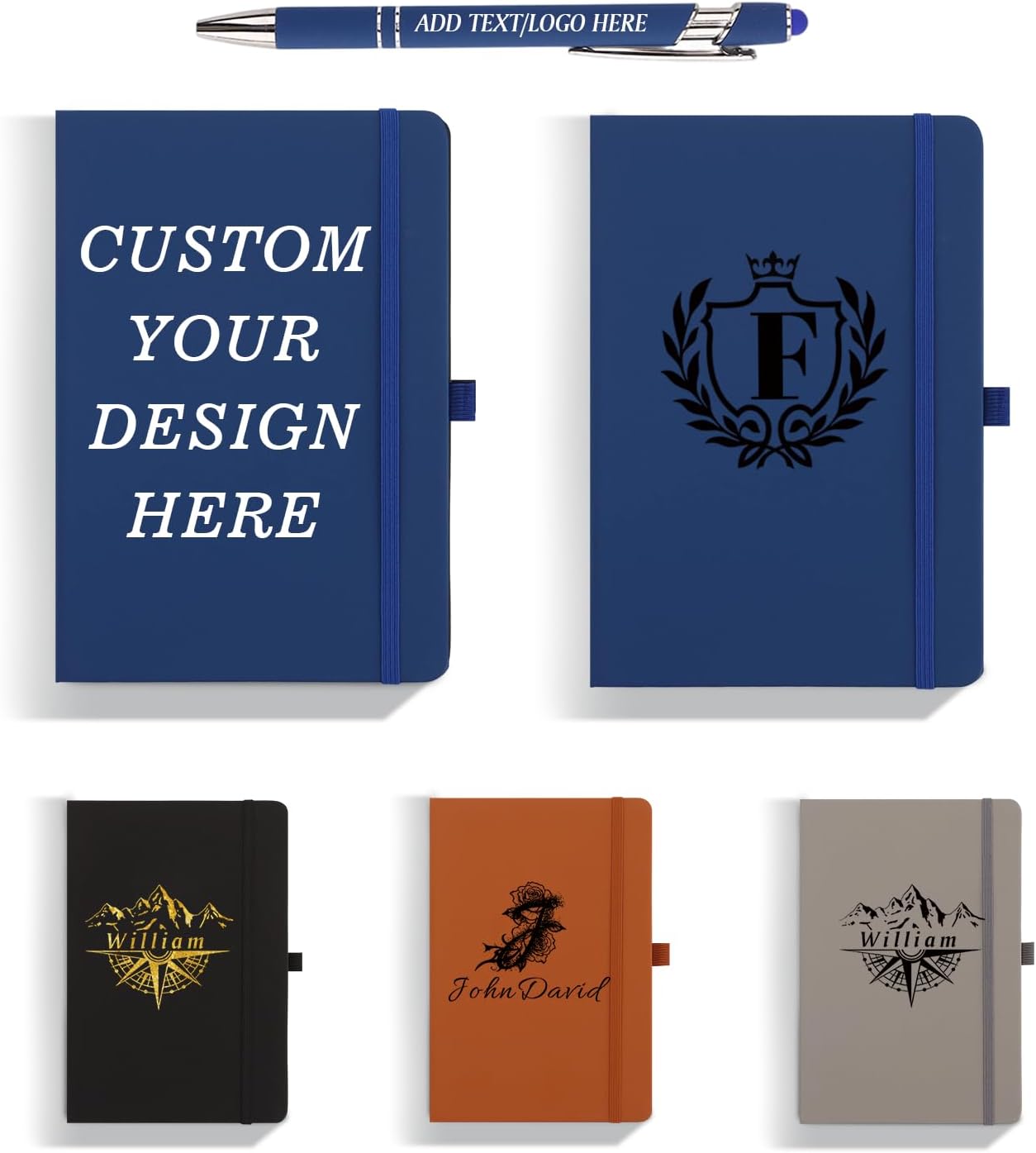 Personalized A5 Notebook Set with Pen, PU Leather Journal, Custom Name Logo Photo, Lined Pages, for Work, School, Office, Daily Writing (Dark Blue)