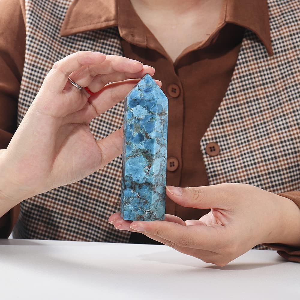 Runyangshi Large Blue Apatite Natural Healing Crystal Wand 4.72"-5" Crystals Tower 6 Faceted Single Point Crystal Prism Wand Natural Stones for Meditation Reiki Chakra Therapy Home Decor Gift - Image 8