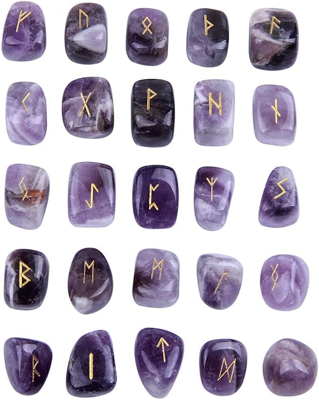 TGS Gems Amethyst Rune Stones Set Engraved Pagan Lettering with Instruction Booklet and Velvet Pouch - Image 2