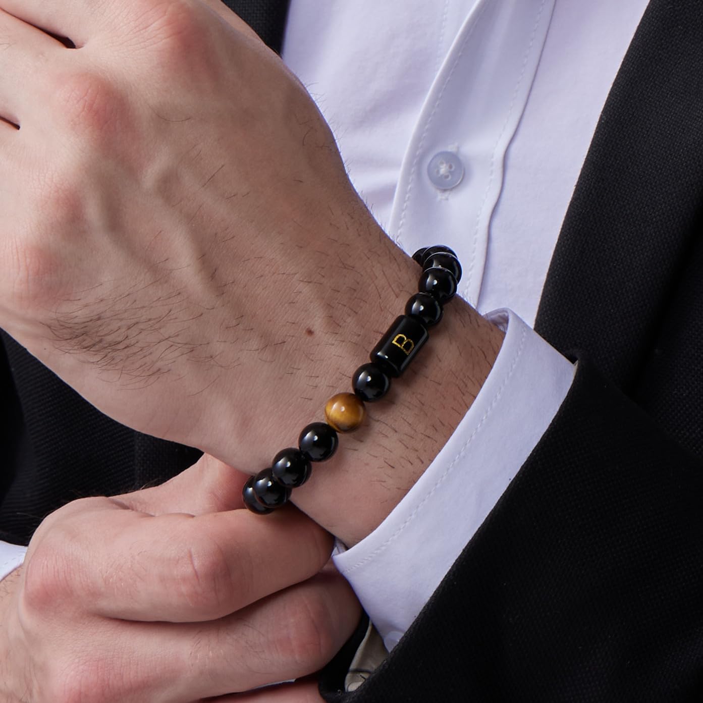 FRG Initials Bracelets for Men Letter Link Handmade Natural Black Onyx Tiger Eye Stone Beads Braided Rope Meaningful Bracelet - Image 2