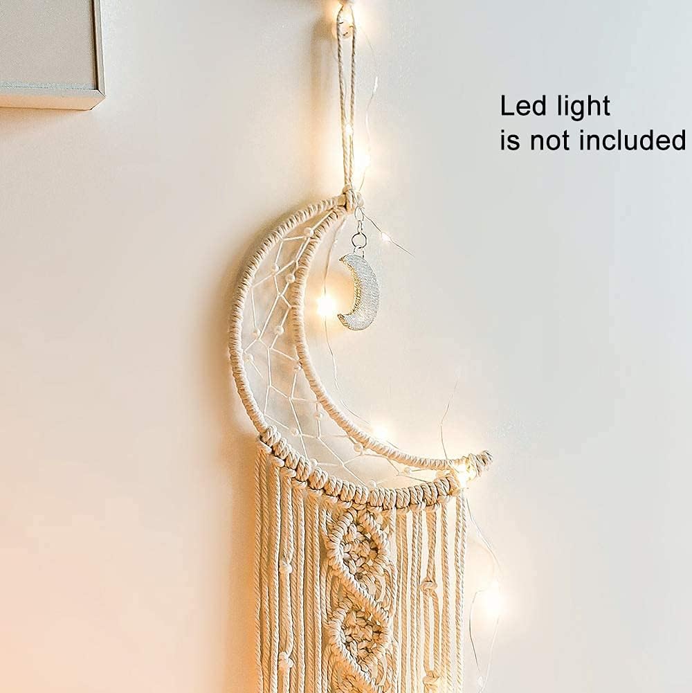 Boho Macrame Woven Wall Hanging, Crochet Crescent Moon Star Dream Catcher with Long Tassel- White Cotton Handmade Bohemian Home Decor Decoration Art Craft for Kids Bedroom Dorm Room - Image 7
