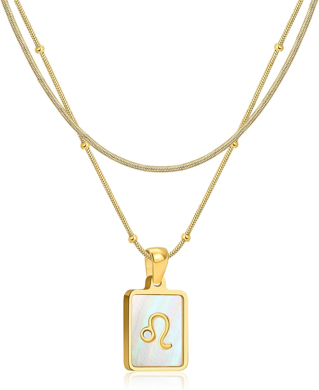LETFLY Zodiac Natural Shell Layered Gold Necklace for Women, Gold Plated Square Shaped Pendant with Adjustable Layered Snake Chain Birthday Jewelry Gifts for Womens