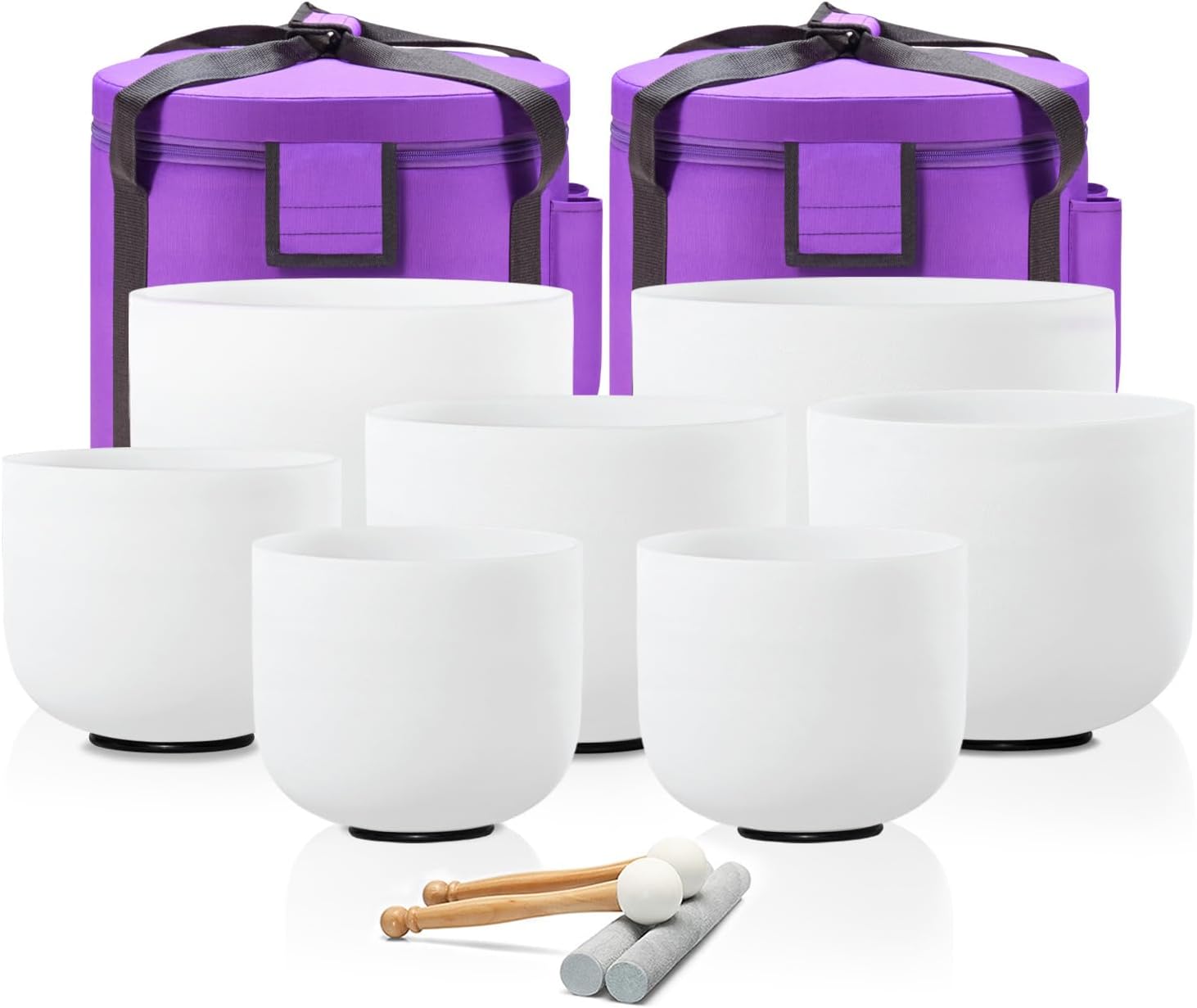 CVNC Crystal Singing bowl Set of 7 for Sound Healing White | 7"-12" Inch Frosted Chakra Quartz, Sound Healing Meditation,Mindfulness,Relaxation, Includes 2 Case Bags and Rubber Mallets