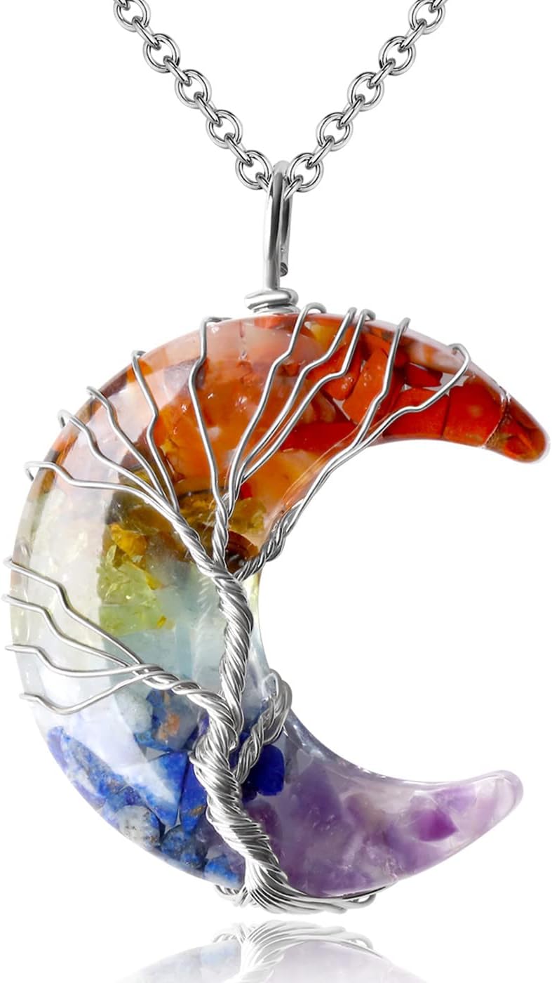 MAIBAOTA Healing Crystal Necklace, Tree Life Wire Wrapped Crescent Moon Necklace, Natural Stone Pendant Necklaces, Mothers Day Gifts for Mom, Gemstone Jewelry Gifts for Women
