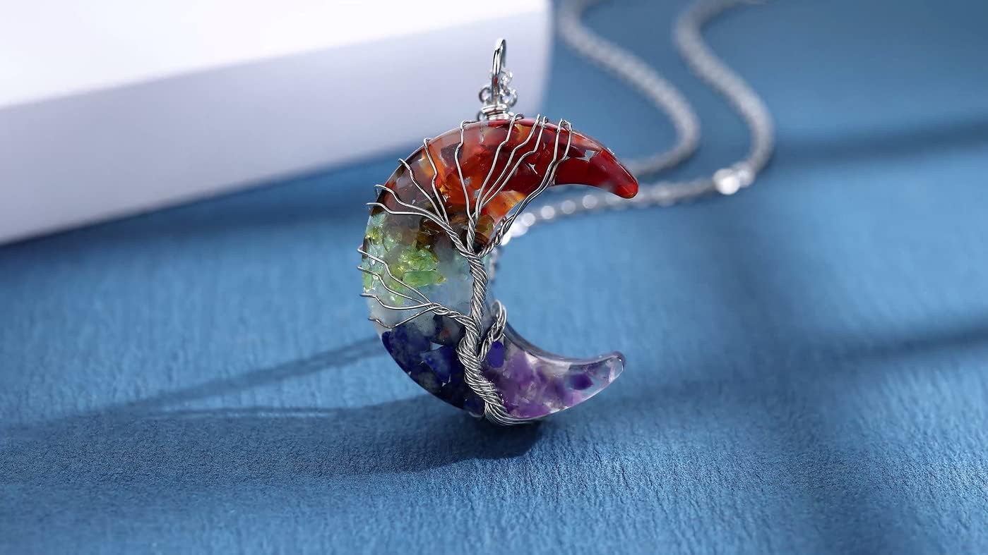 MAIBAOTA Healing Crystal Necklace, Tree Life Wire Wrapped Crescent Moon Necklace, Natural Stone Pendant Necklaces, Mothers Day Gifts for Mom, Gemstone Jewelry Gifts for Women - Image 2