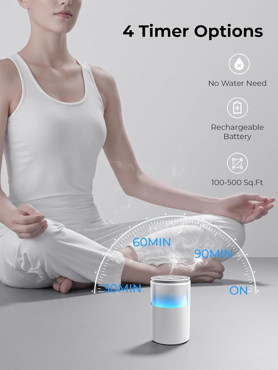 Waterless Essential Oil Diffuser: 𝟗 𝐂𝐨𝐥𝐨𝐫𝐬 𝐋𝐄𝐃 Scent Diffuser for Home&Car&Office - Portable Diffuser with 48H Battery, 4 Timers & 3 Mist Levels, Snow White - Image 3