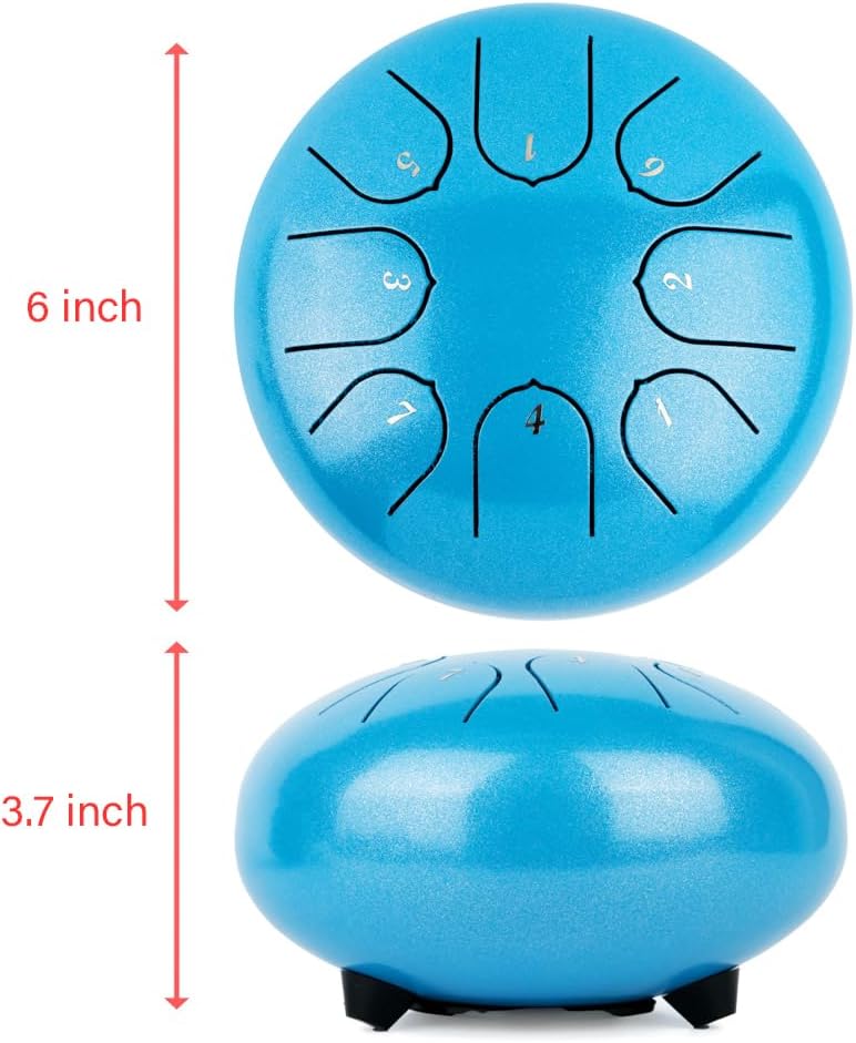 Steel Tongue Drum with Carrying Case: 6 Inch 8 Notes Rain Drum for Outside | Steel Drum with Bag Mallets Music Book Note Stickers for Garden Meditation Yoga Beginner, Key of C, 440Hz, Blue - Image 8