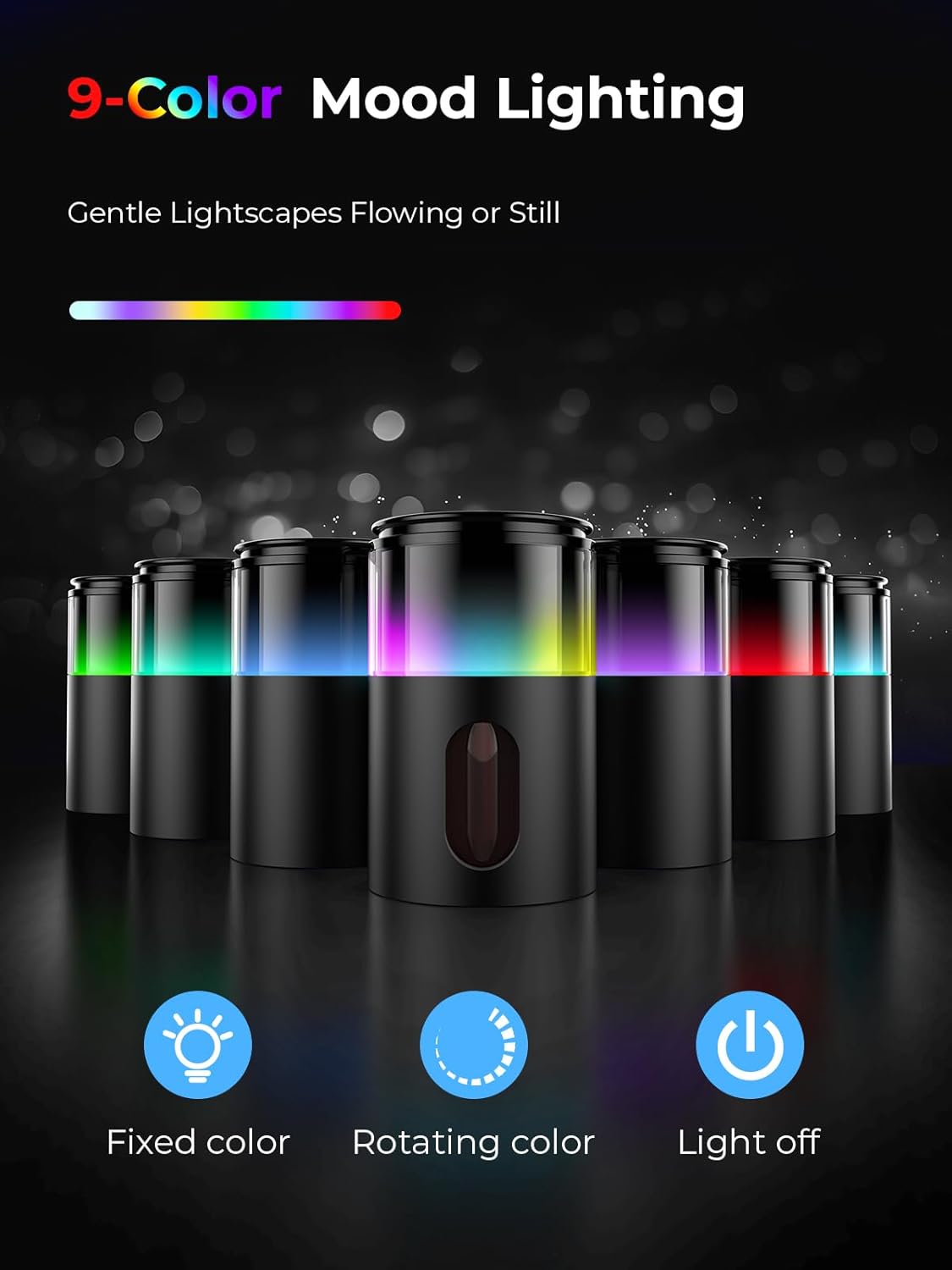 Waterless Essential Oil Diffuser: 𝟗 𝐂𝐨𝐥𝐨𝐫𝐬 𝐋𝐄𝐃 Scent Diffuser for Home&Car&Office - Portable Diffuser with 48H Battery, 4 Timers & 3 Mist Levels, Carbon Black - Image 2