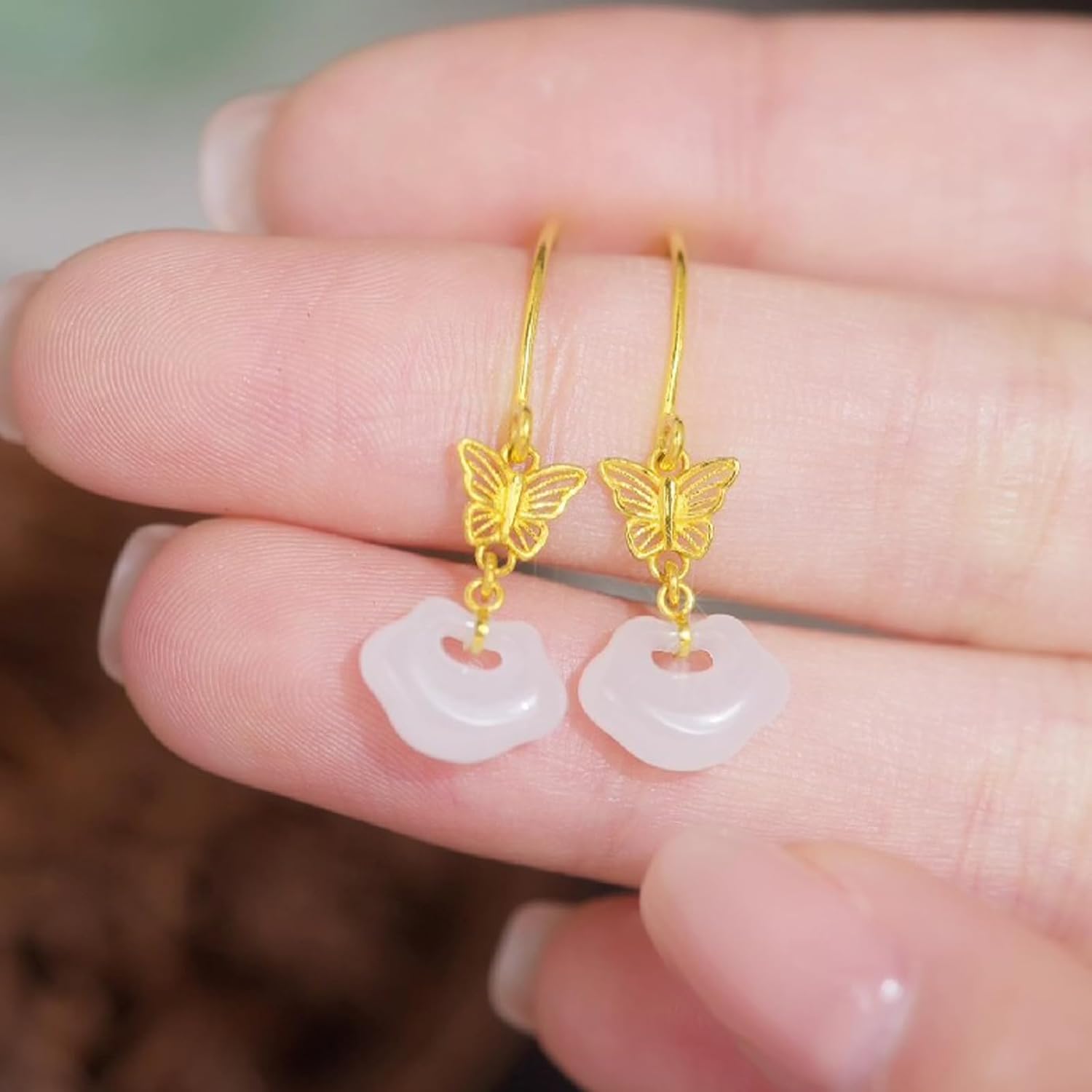 ZHOU LIU FU White Jade Dangle Earrings 24K Gold Hollow Butterfly Ruyi Jade Drop Earring Healing Gemstone Natural Dainty Jewelry for Women Her Mom Daughter Anniversary Birthday Present Y0914874 - Image 4