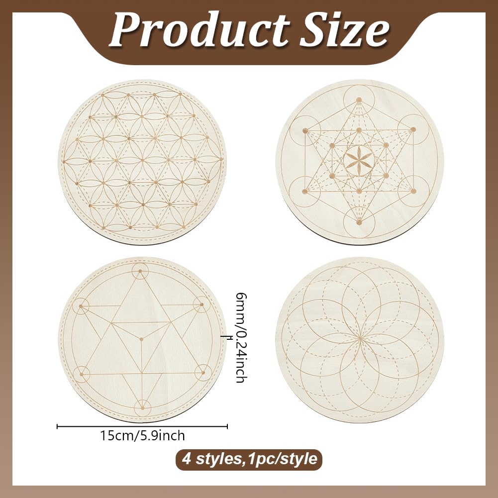ORIGACH 4 PCS Wooden Crystal Grid Board, Round Sacred Geometry Energy Grids Board, 5.9Inch Diameter Metatron's Cube Crystal Plate for Witchcraft Wiccan Altar Ritual Sacred Space Decor - Image 2