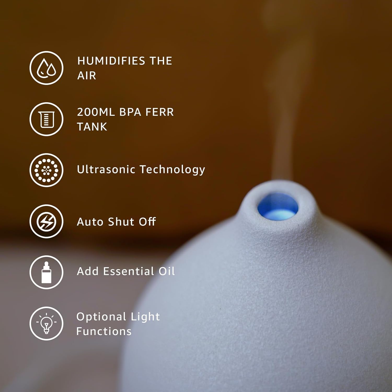 Gooamp 200ML Ceramic Essential Oil Diffuser for Home - Ultrasonic Aromatherapy Diffuser Humidifier with 7 Color LED Lights, Auto Shut-Off, 3 Timers for Bedroom, Office, Yoga, Wood Grain Base - Image 6