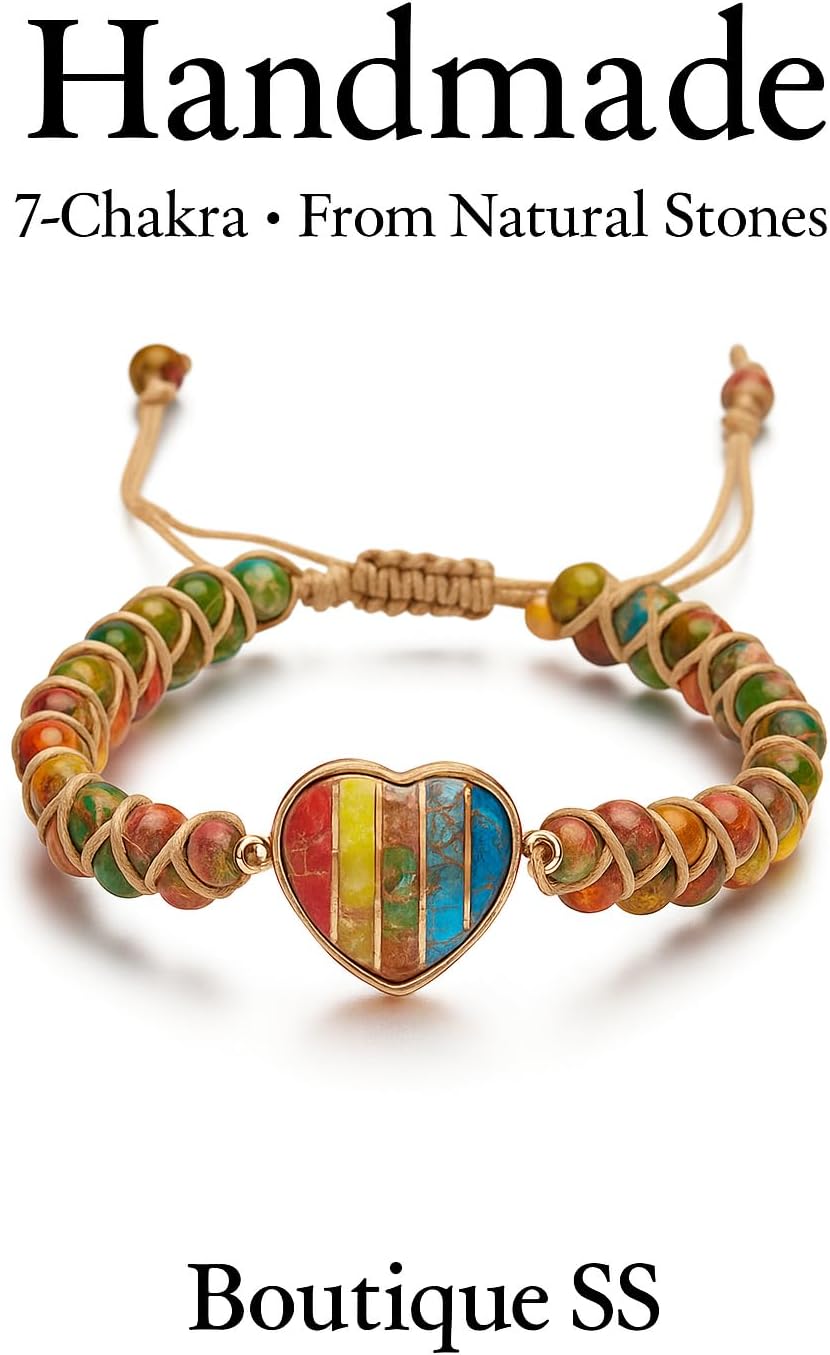 "SS Boutique" 7 Chakra Healing Heart Gemstone Bracelet – Handmade Natural Stone Wrap for Meditation, Energy, Spiritual Protection, and Mental Health Balance – 1 Strand 1 Piece Leather Bracelet - Image 7