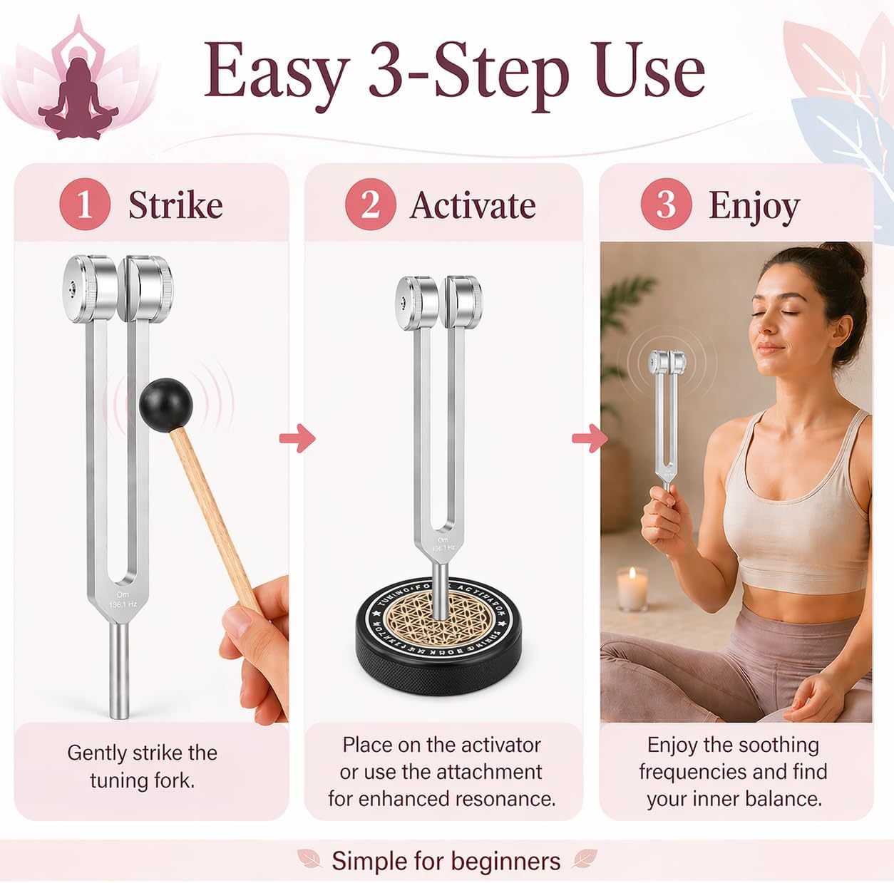 Tuning Forks for Healing Set with Step-by-Step Beginner Guide, 4 PCS | 128Hz 136.1Hz OM 256Hz 384Hz aluminum sound therapy kit, meditation, yoga, reiki - mallet, activator & storage pouch - Image 6
