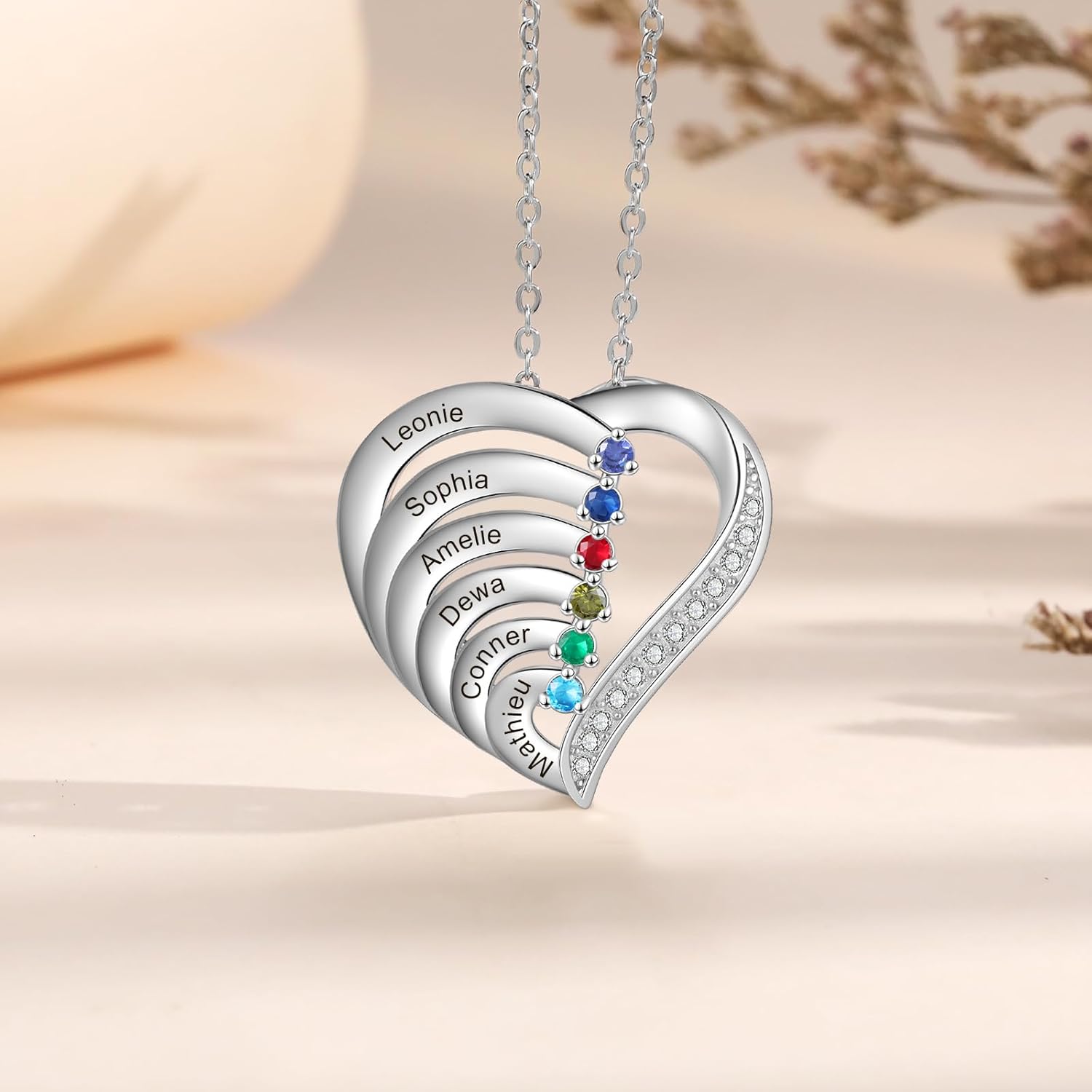 925 Sterling Silver Mother's Day Jewelry Gifts for Mom Mama Grandma — Custom Necklace with Up to 6 Birthstones & Engraved Names, Personalized Family Pendant Birthday Gifts - Image 6