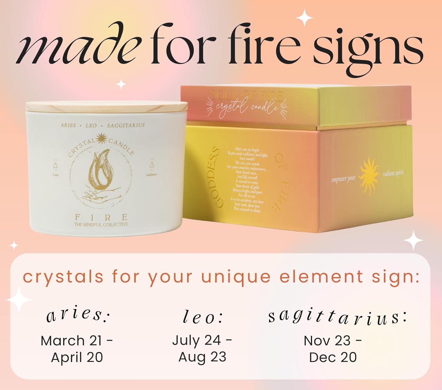 Aries, Leo, Sagittarius Gifts for Women - 12oz Wood Wick Candles that Crackle with Crystals and Healing Stones. Healing Crystal Candles for Women Home Scented. Soy Wax, for Zodiac Birthdate - Image 2