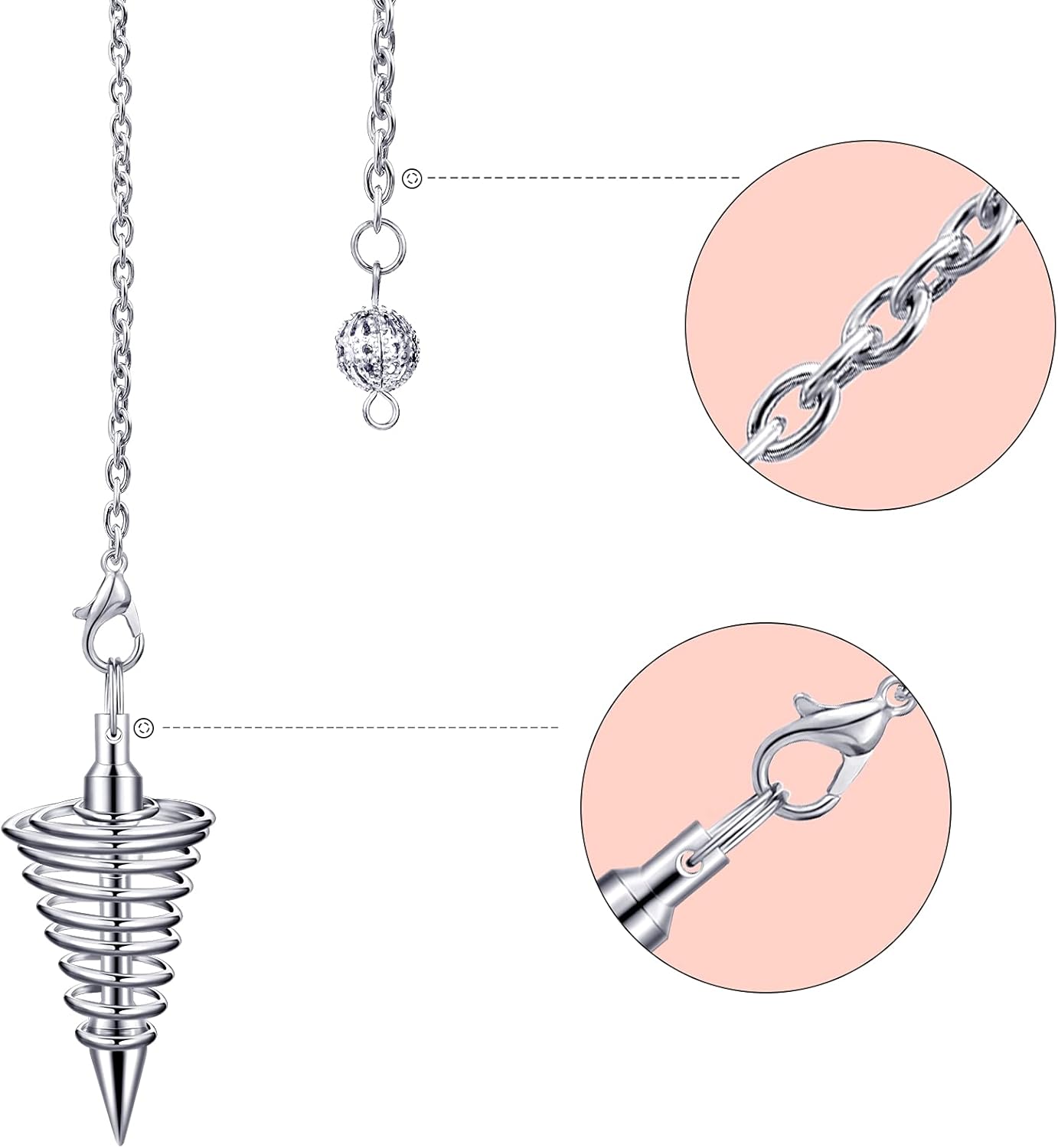3 Pieces Copper Metal Dowsing Pendulum Divination Dower Reiki Healing Pendulum Chain,Silver Spiral Coil Point Meditation Yoga Balancing Pendant - Image 3