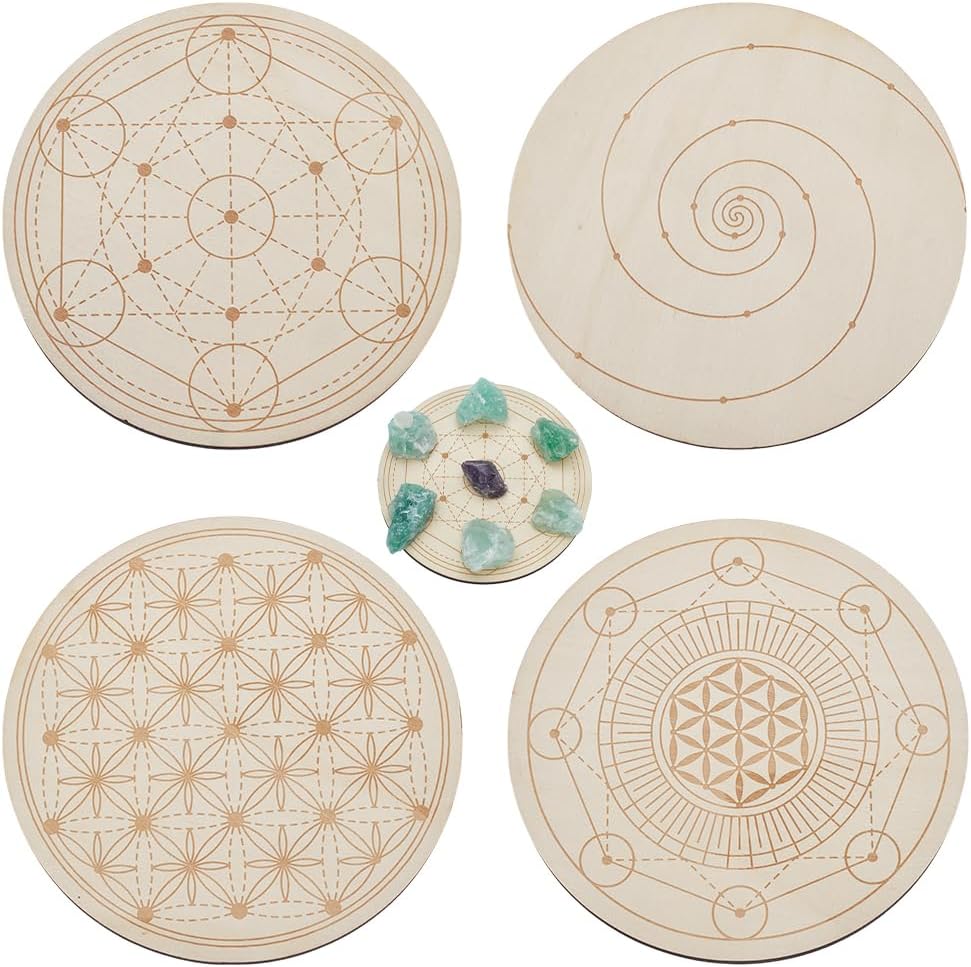 ORIGACH 4 Patterns Wooden Crystal Grids 15x15 cm Round Sacred Geometric Arrangement Crystal Grid Board Metatron's Cube Plate for Wiccan Altar Ritual Sacred Space Decor