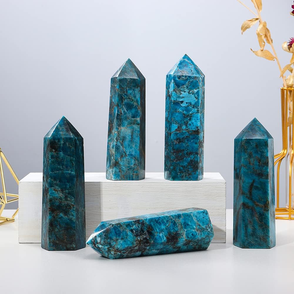 Runyangshi Large Blue Apatite Natural Healing Crystal Wand 4.72"-5" Crystals Tower 6 Faceted Single Point Crystal Prism Wand Natural Stones for Meditation Reiki Chakra Therapy Home Decor Gift - Image 7