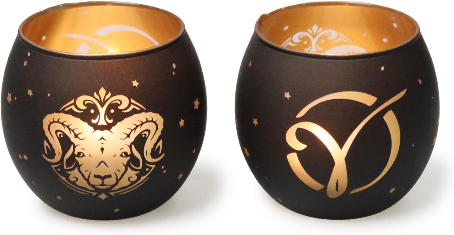 Aries Gifts for Women Men - Zodiac Candle Holder Set of 2, Laser Engraved Glass Tealight Candle Holder for Astrology Decor, Votive Candle Holder for Constellation Birthday Gifts, Black & Gold