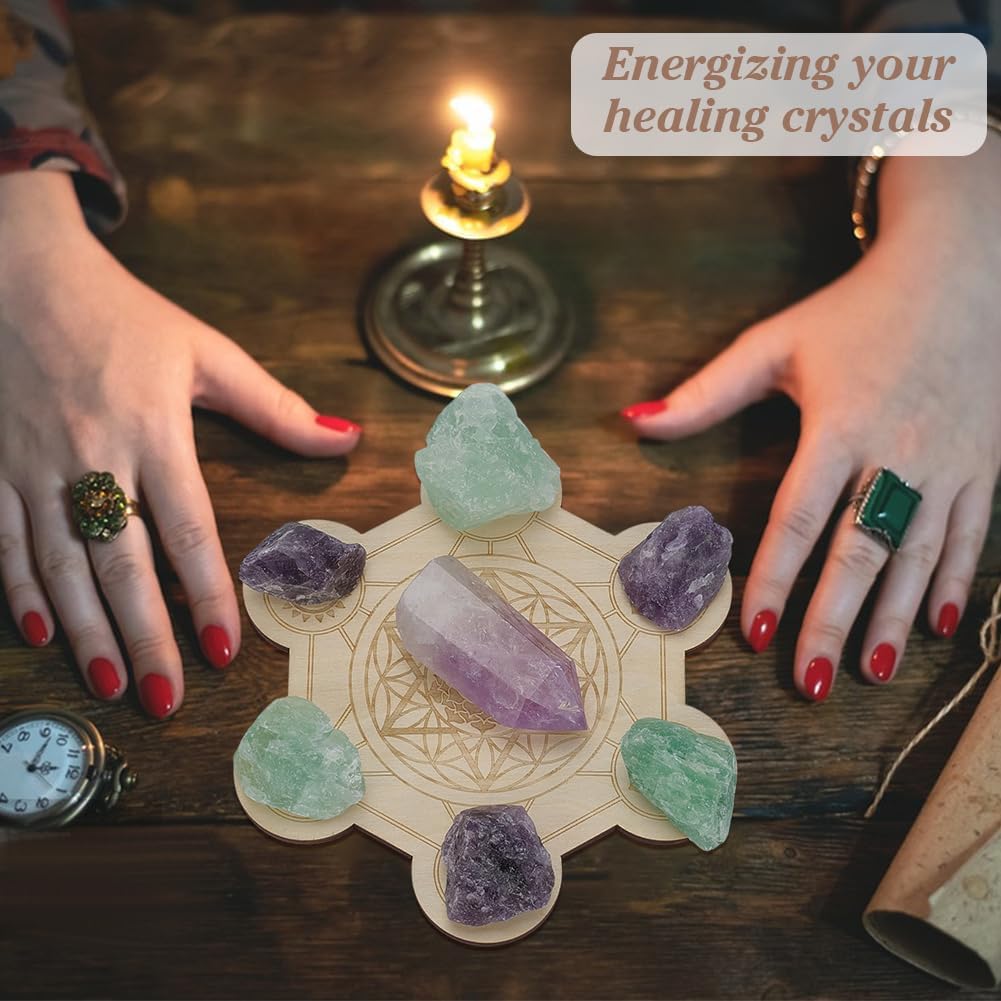 FINGERINSPIRE Hexagon Wooden Crystal Grid Board with Chakra Design 5.3x5.8x0.2inch PapayaWhip Color Wood Plate for Crystal Energy Healing Meditation Decoration Yoga Space Decoration Accessories - Image 5