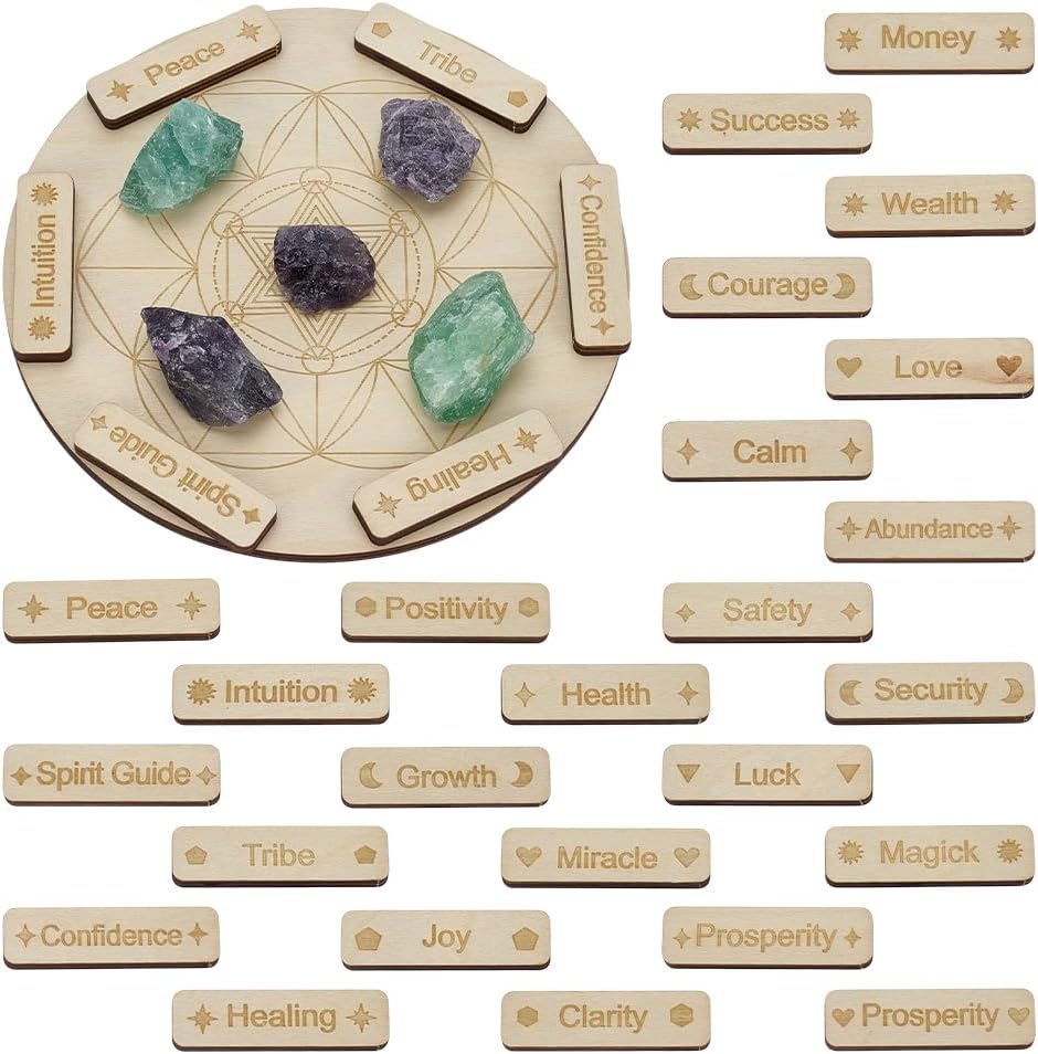 FINGERINSPIRE Wooden Crystal Grid Board Set Large Round Plate with Sacred Geometry 25 Small Sticks Engraved with Inspirational Words Spiritual Wooden Plates for Energy Work Meditation Home Decoration