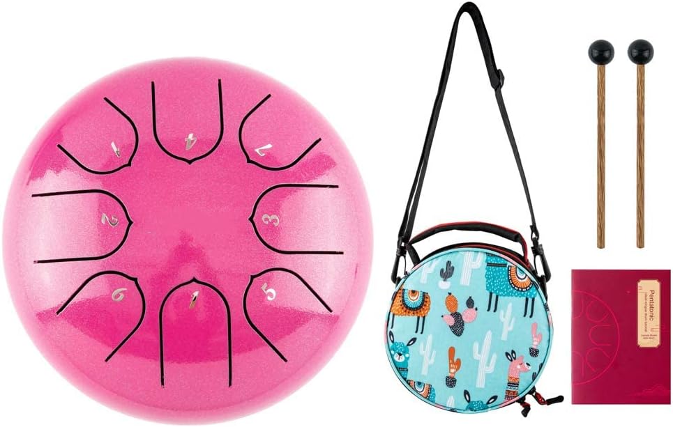 Steel Tongue Drum with Carrying Case: 6 Inch 8 Notes Rain Drum for Outside | Steel Drum with Bag Mallets Music Book Note Stickers for Garden Meditation Yoga Beginner, Key of C, 440Hz, Pink