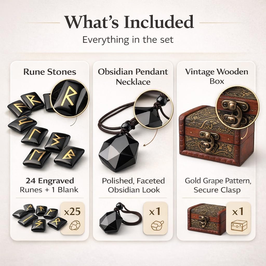 kcrygogo Rune Set with Elder Futhark Alphabet Crystal Meditation Divination Healing Chakra Reiki with Vintage Wooden Box and Natural Obsidian Pendant(3Pcs) - Image 4