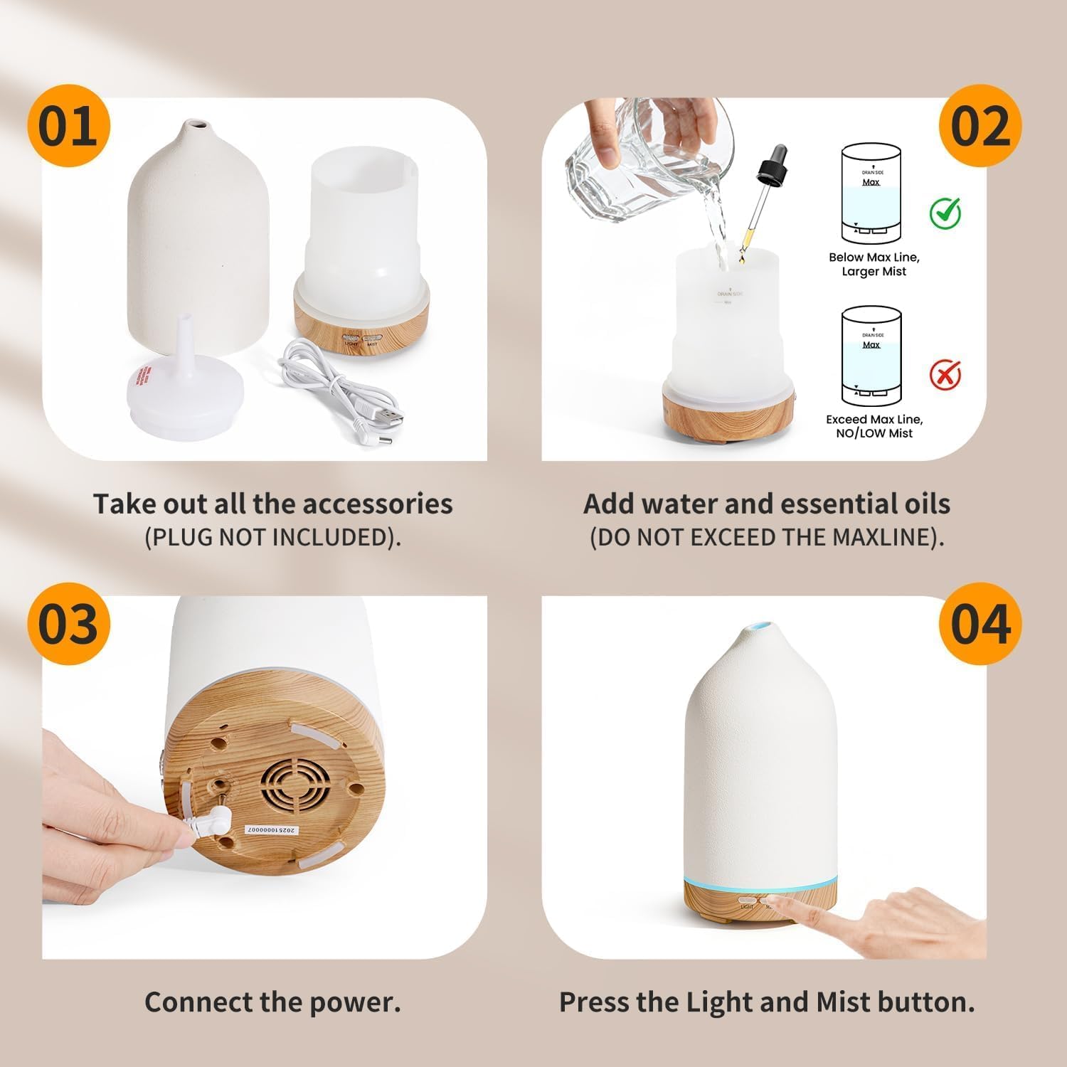 URPOWER 180ML Ceramic Essential Oil Diffuser, Ultrasonic Aromatherapy Diffuser with 7-Color Lights, Auto Shut-Off, Quiet Oil Diffuser for Bedroom, Home Office - Image 8