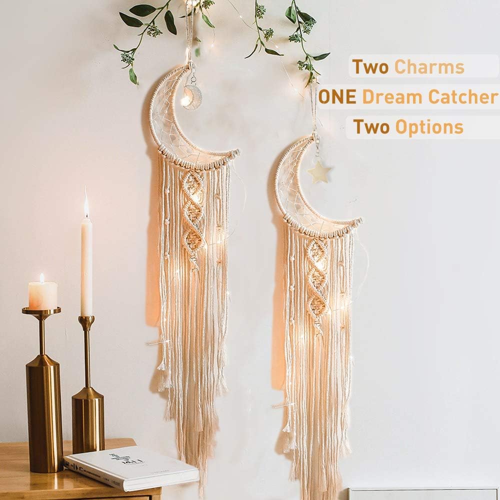 Boho Macrame Woven Wall Hanging, Crochet Crescent Moon Star Dream Catcher with Long Tassel- White Cotton Handmade Bohemian Home Decor Decoration Art Craft for Kids Bedroom Dorm Room - Image 2