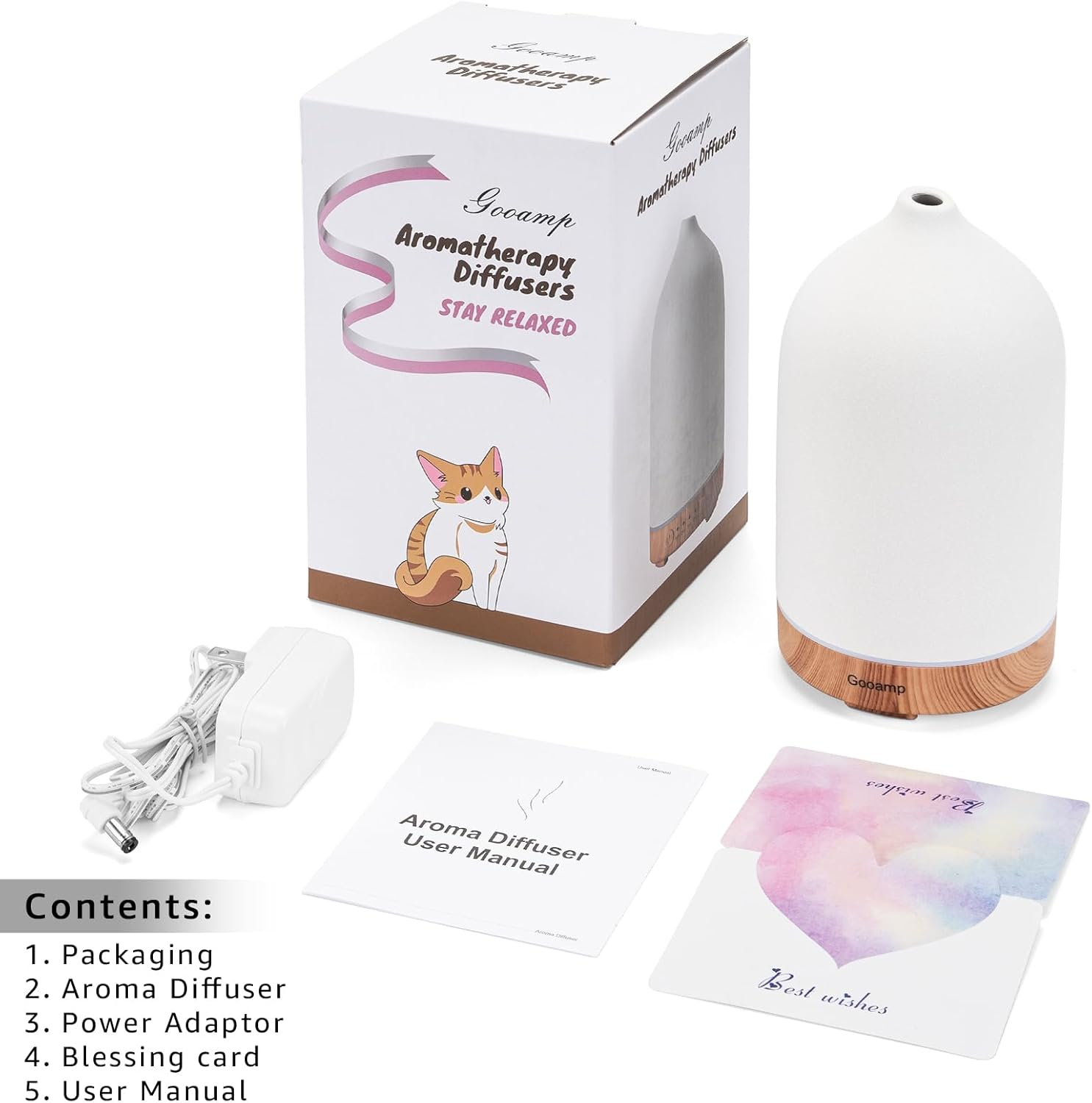 Gooamp 200ML Ceramic Essential Oil Diffuser for Home - Ultrasonic Aromatherapy Diffuser Humidifier with 7 Color LED Lights, Auto Shut-Off, 3 Timers for Bedroom, Office, Yoga, Wood Grain Base - Image 8