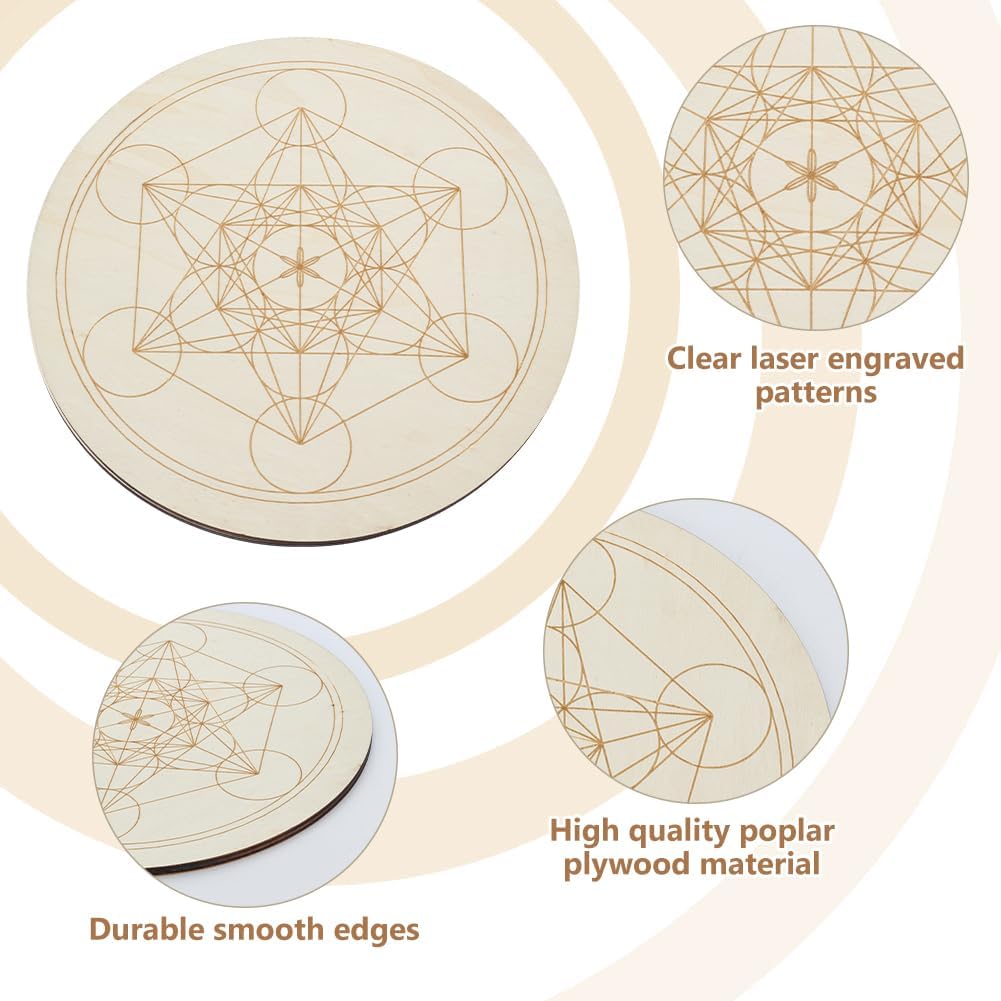 INFUNLY Wooden Crystal Grid Board Metatron's Cube Sacred Geometry Board 9.8 inches Round Chakra Grid Plate Amplify The Power of Your Crystals for Altar Yoga Meditation Witchcraft Decor - Image 3