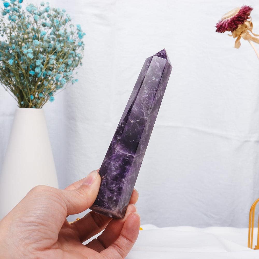 Apengshi Amethyst Large Crystal Tower Natural Dream 5.9"-6.3" 6 Faceted Single Point Chakra Healing Crystal Wand Energy Meditation Stone Home Decor Collection Gift - Image 3
